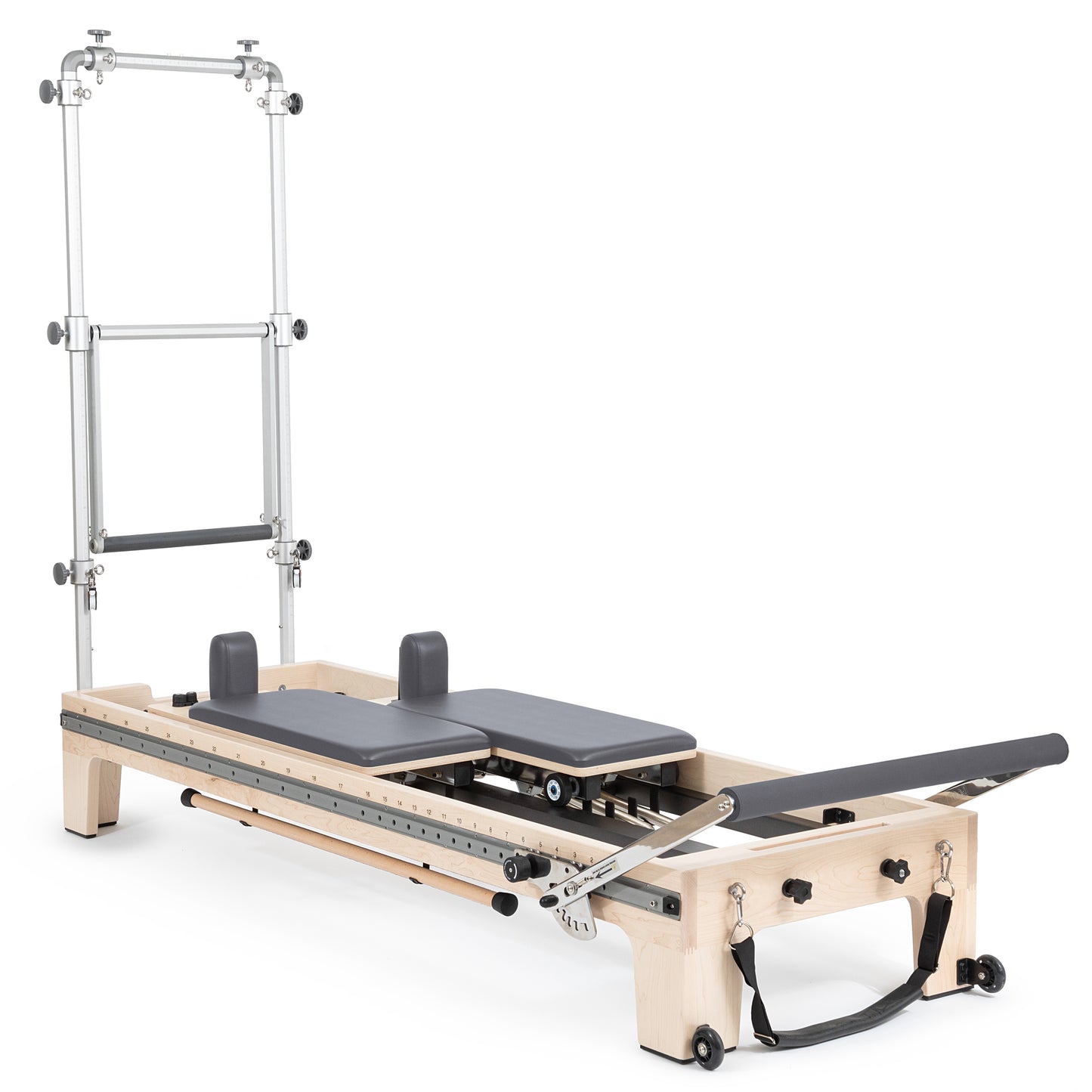Elina Pilates Twin Reformer with Tower in Grey — full front view showing double carriages and tower
