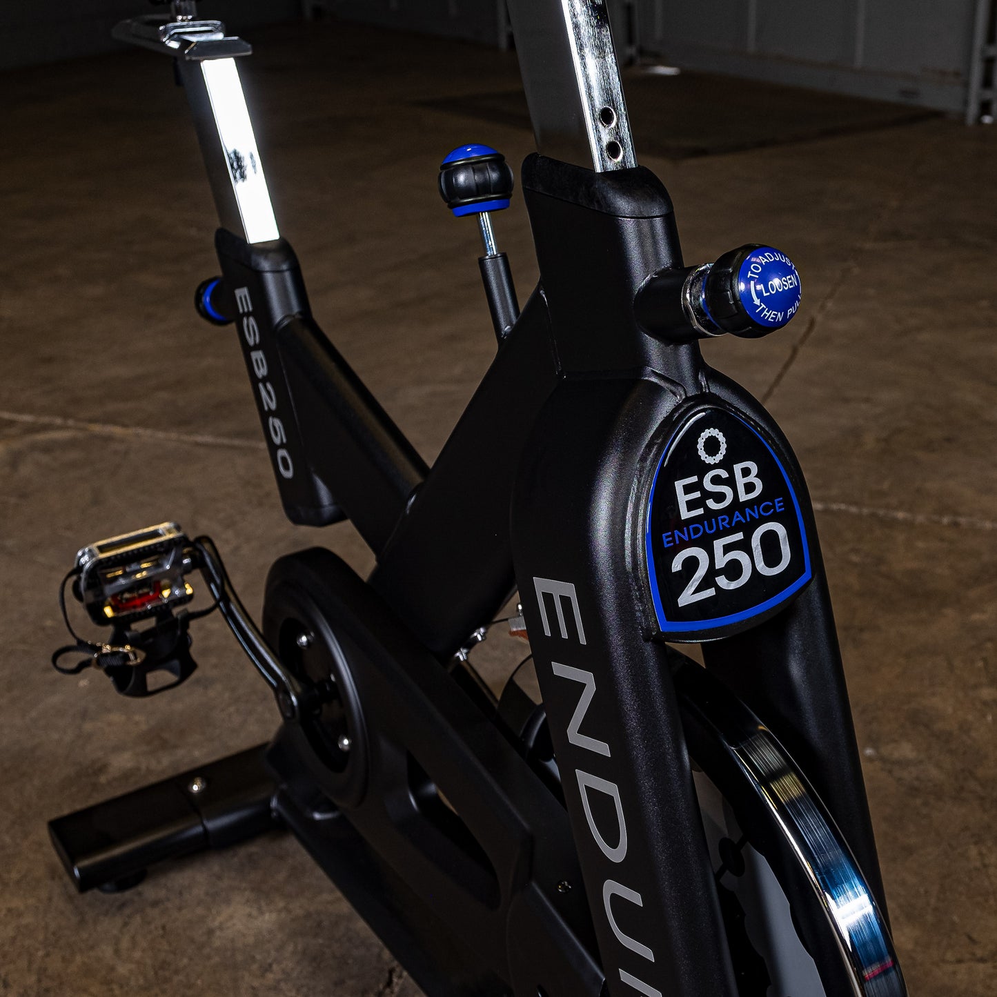 Heavy-duty steel frame and commercial-grade build of the Endurance by Body-Solid ESB250 spin bike