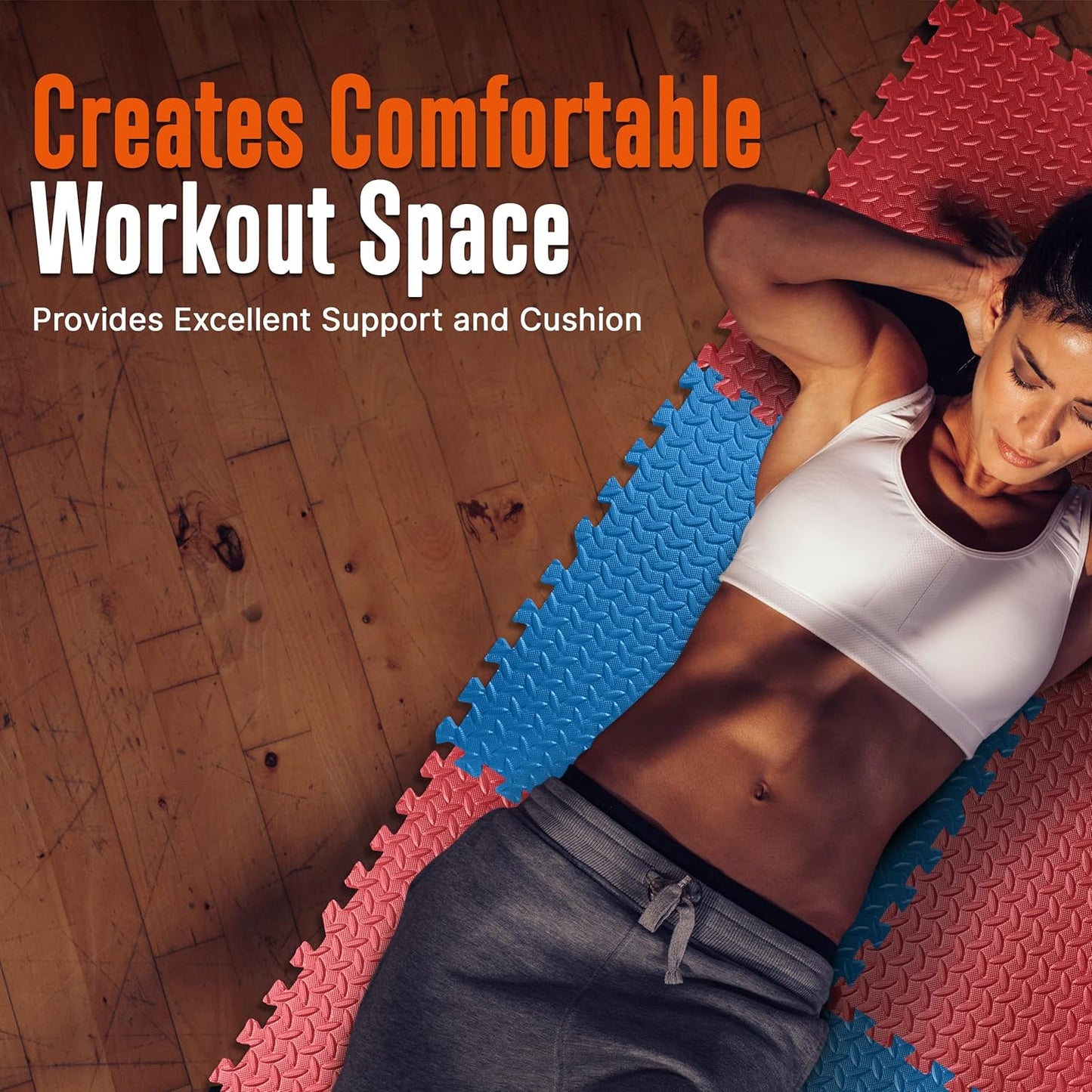 Thick cushioned EVA foam mat providing comfort and support during floor workouts and stretching