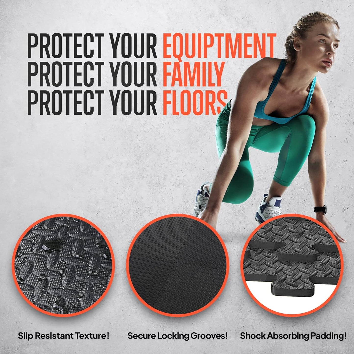 Puzzle exercise mats placed under gym equipment to protect floors and reduce noise