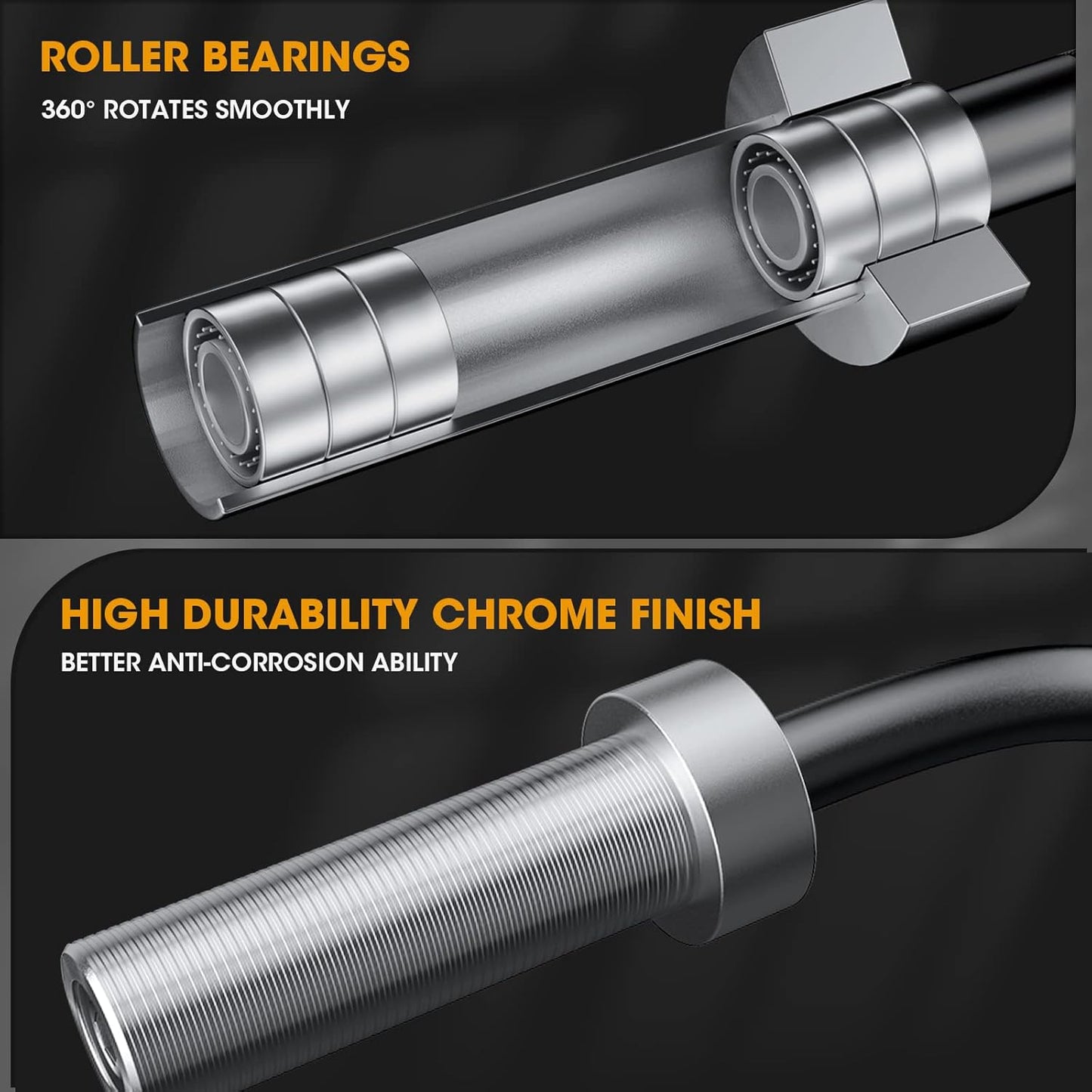 Close-up view of FEIERDUN EZ curl barbell rotating sleeves for Olympic weight plates