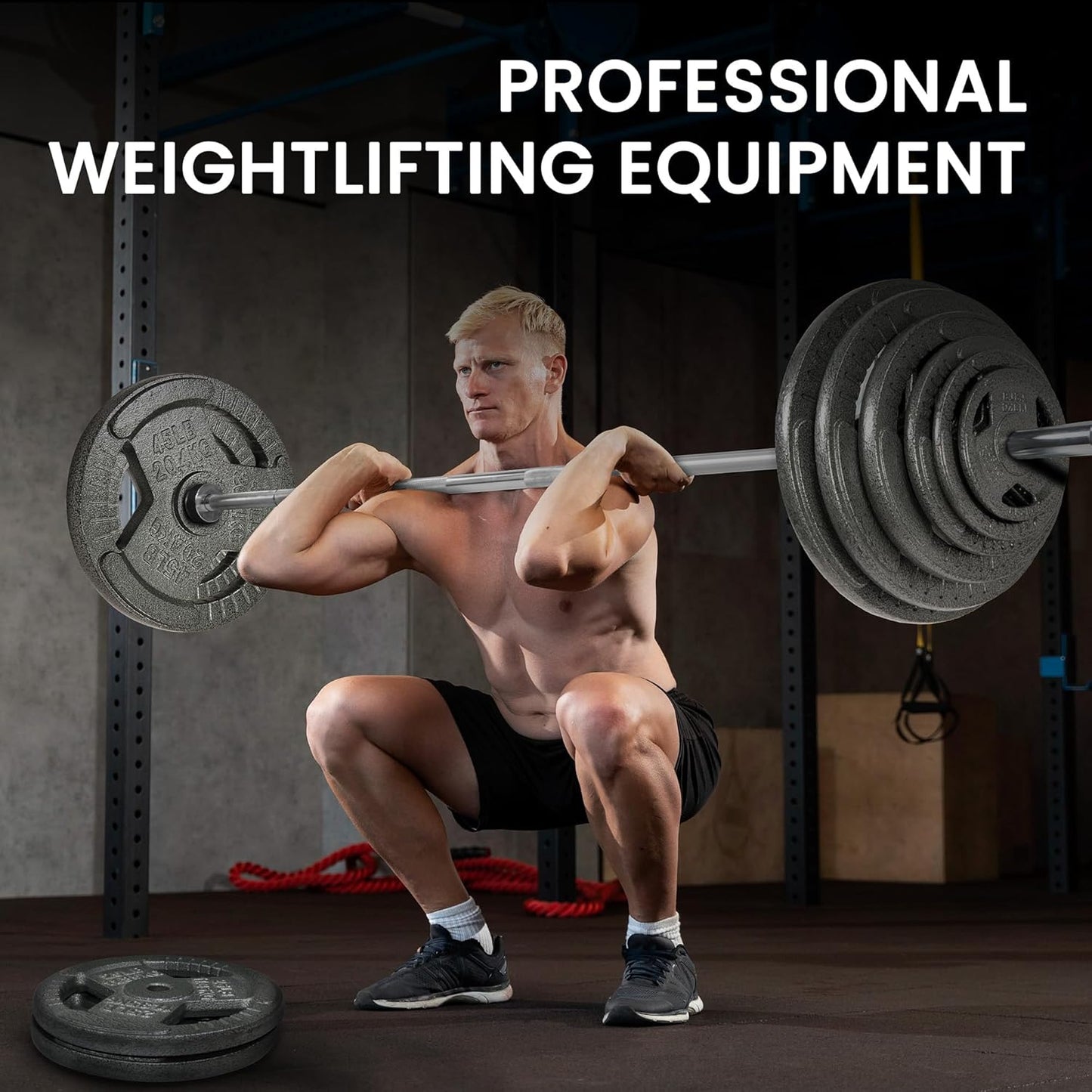 Fitvids Olympic Barbell in a home gym setup with weight plates