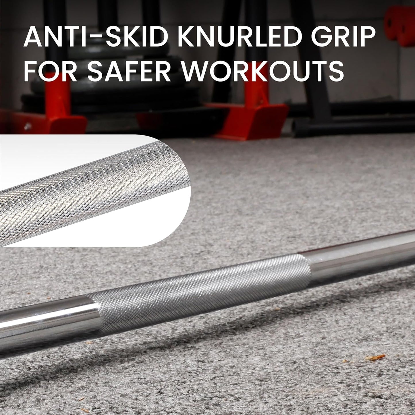 Medium knurling grip detail on Fitvids 5ft Olympic Barbell
