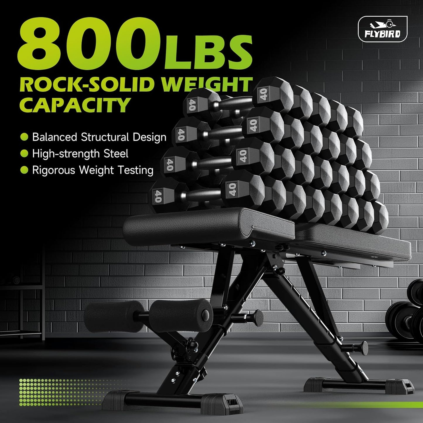 FLYBIRD Adjustable Workout Bench solid structure with 800 lb weight capacity