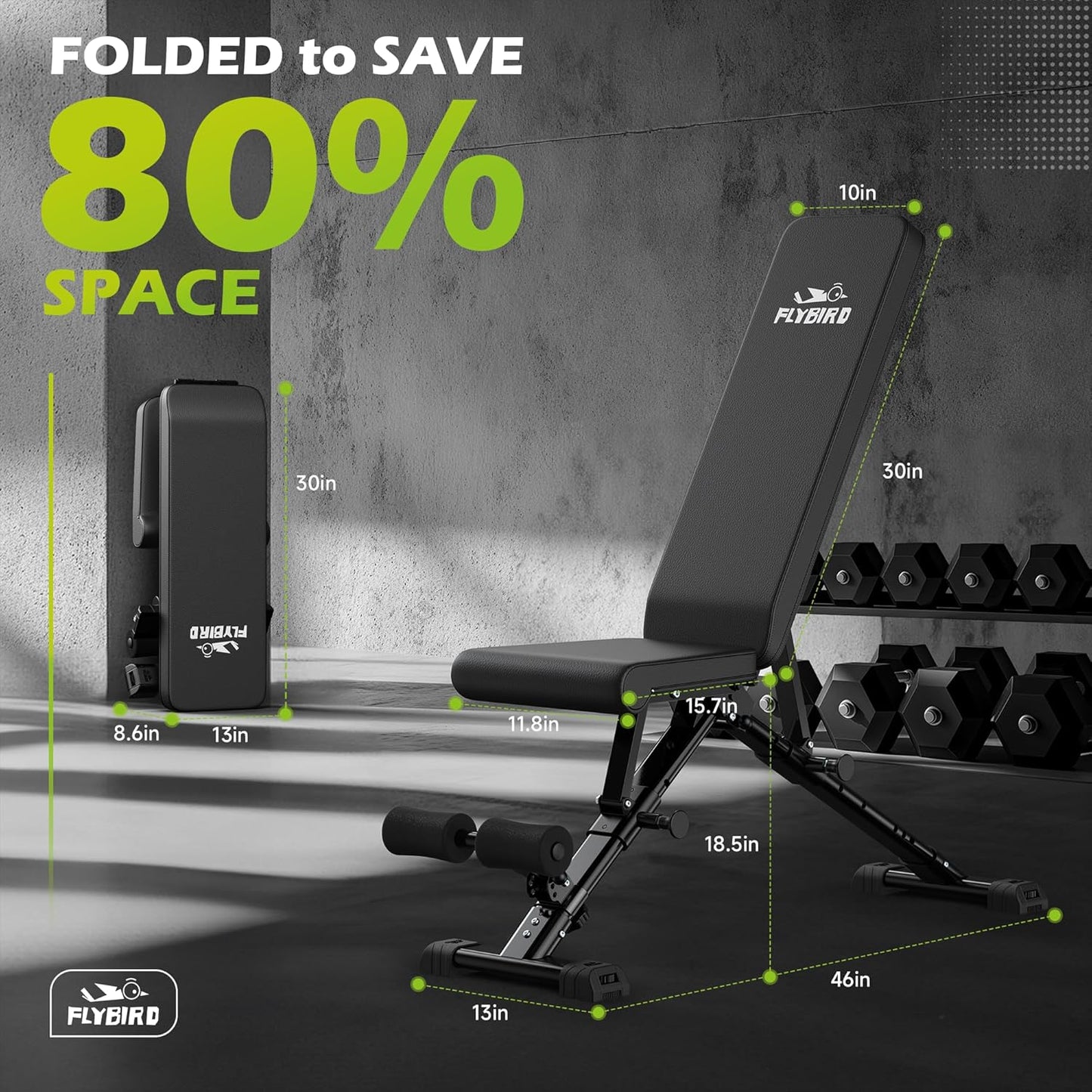 Dimensions of the FLYBIRD Adjustable Workout Bench in folded and seat position