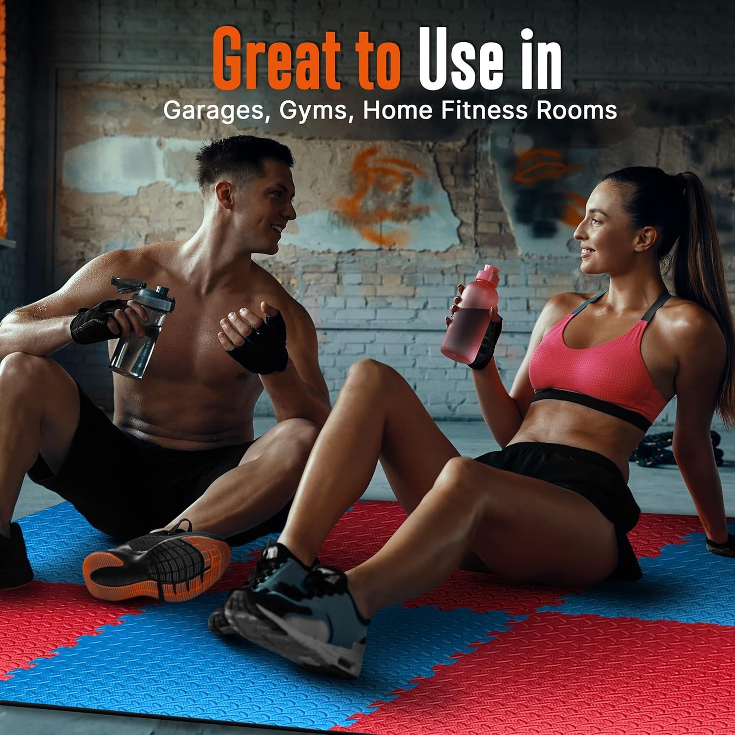 Home gym area with red and blue EVA foam puzzle mats used as protective flooring