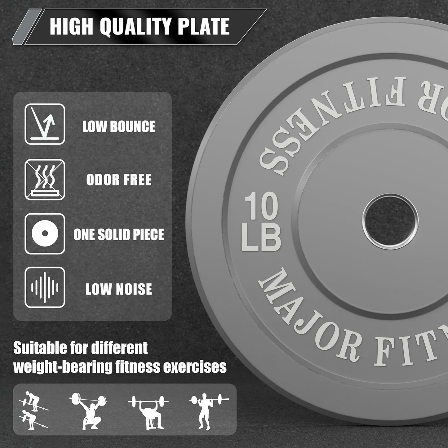 10 LB Pair of Major Fitness Low Bounce Bumper Plates Olympic Weight Plates design from high-density, low bounce and low odor rubber construction
