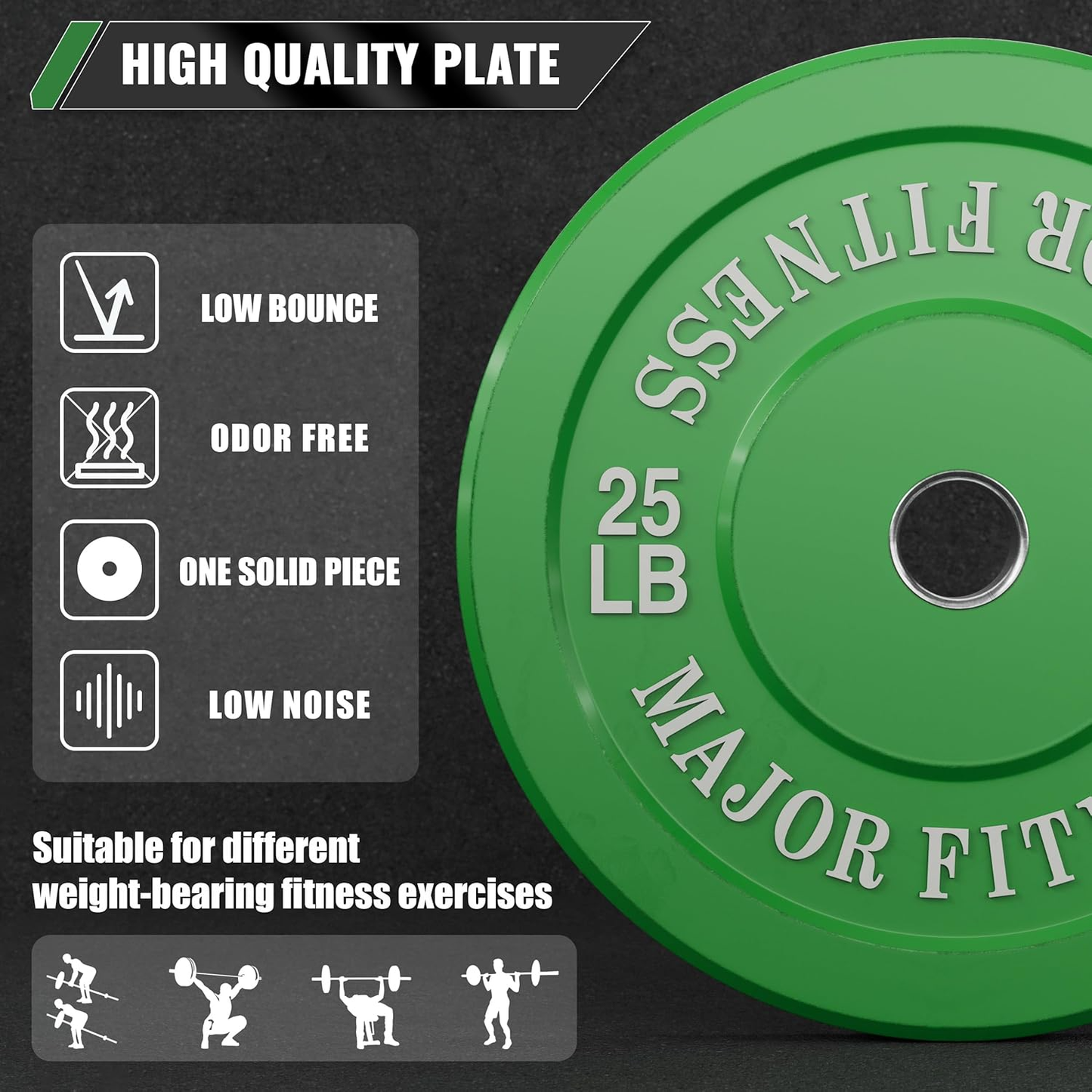 25 LB Pair of Major Fitness Low Bounce Bumper Plates Olympic Weight Plates design from high-density, low bounce and low odor rubber construction