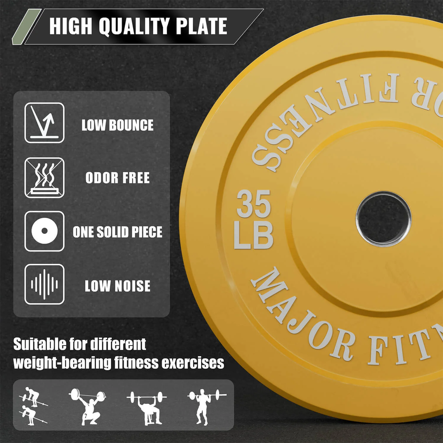 35 LB Pair of Major Fitness Low Bounce Bumper Plates Olympic Weight Plates design from high-density, low bounce and low odor rubber construction