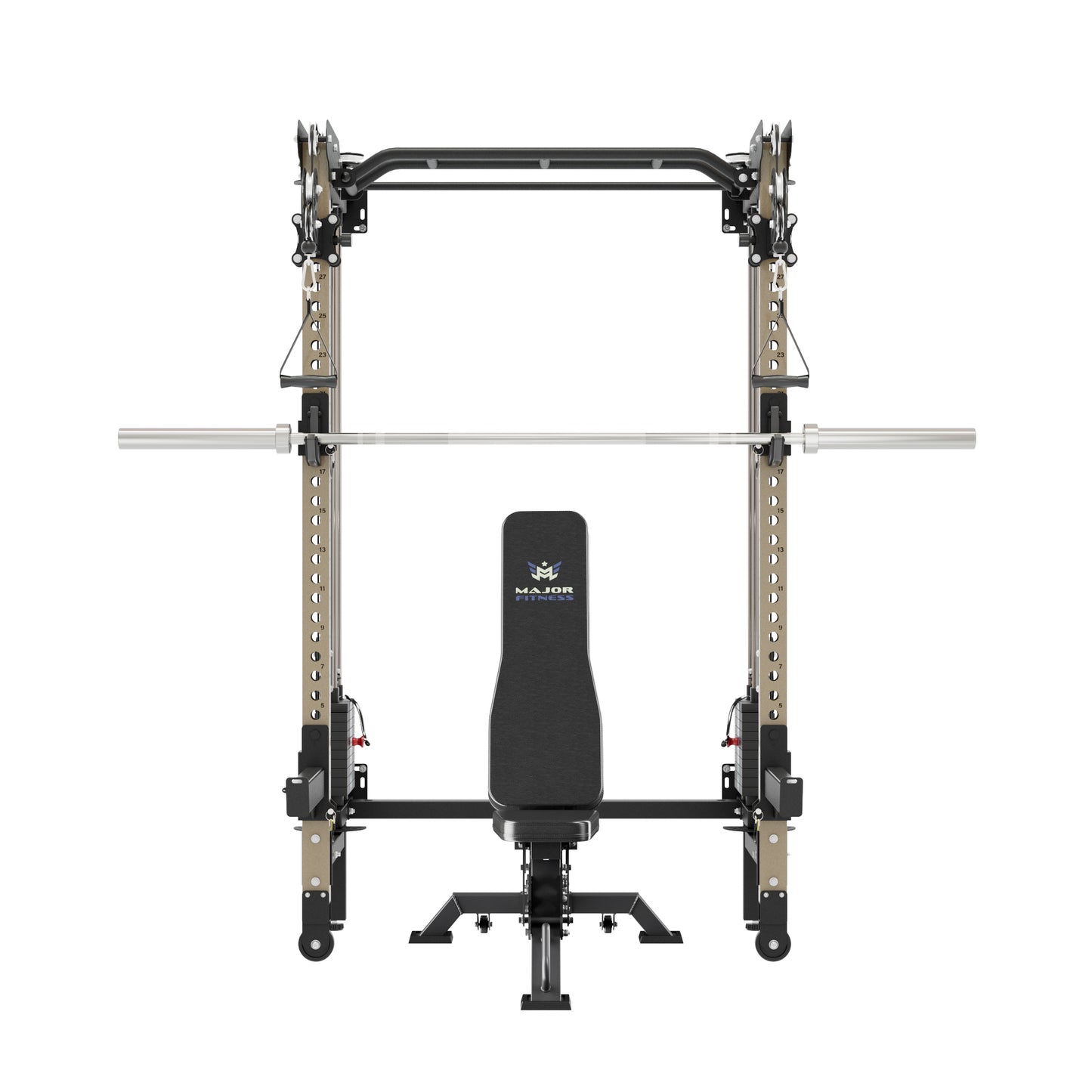 MAJOR FITNESS F35 All-in-One Wall Mount Folding Power Rack Home Gym Deluxe Bundle (Recon Desert) Front View