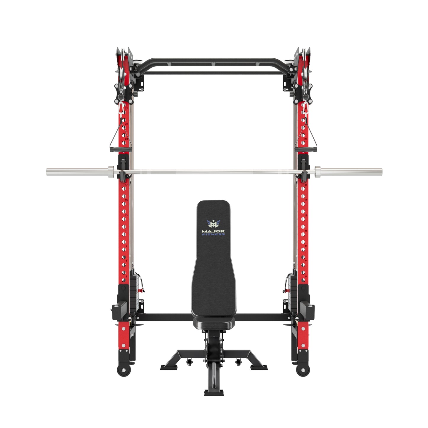 MAJOR FITNESS F35 All-in-One Wall Mount Folding Power Rack Home Gym Deluxe Bundle (Combat Red) Front View