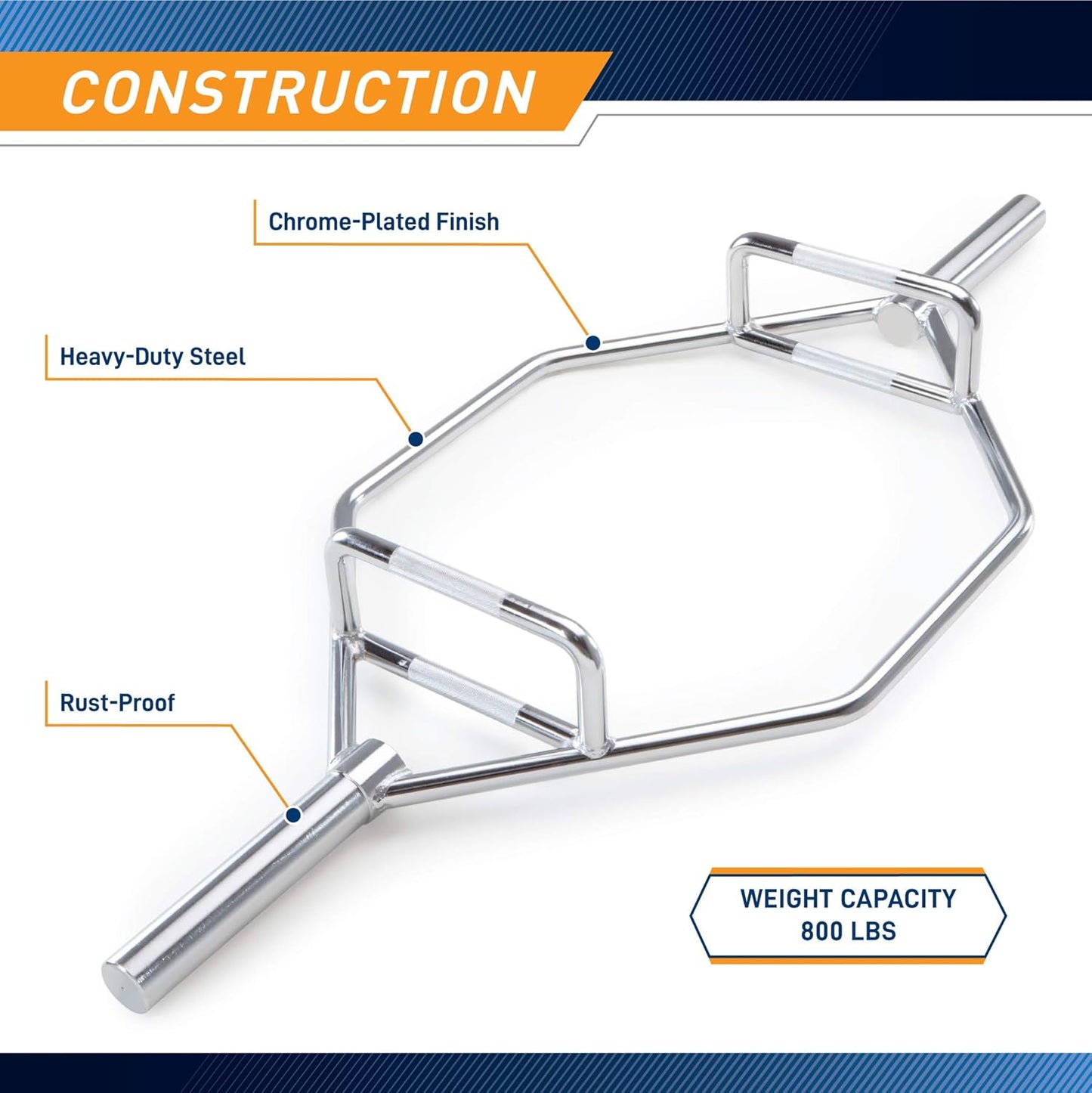Dimension diagram of the 56-inch Marcy hex trap bar, showcasing width, handle spacing, and sleeve length