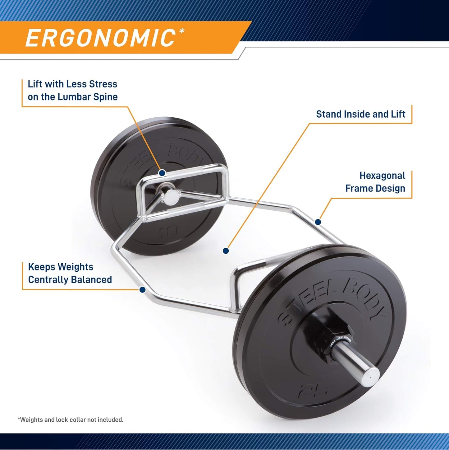 Ergonomic design of the Marcy Olympic hex bar featuring centered load distribution to reduce lower back strain during deadlifts and squats