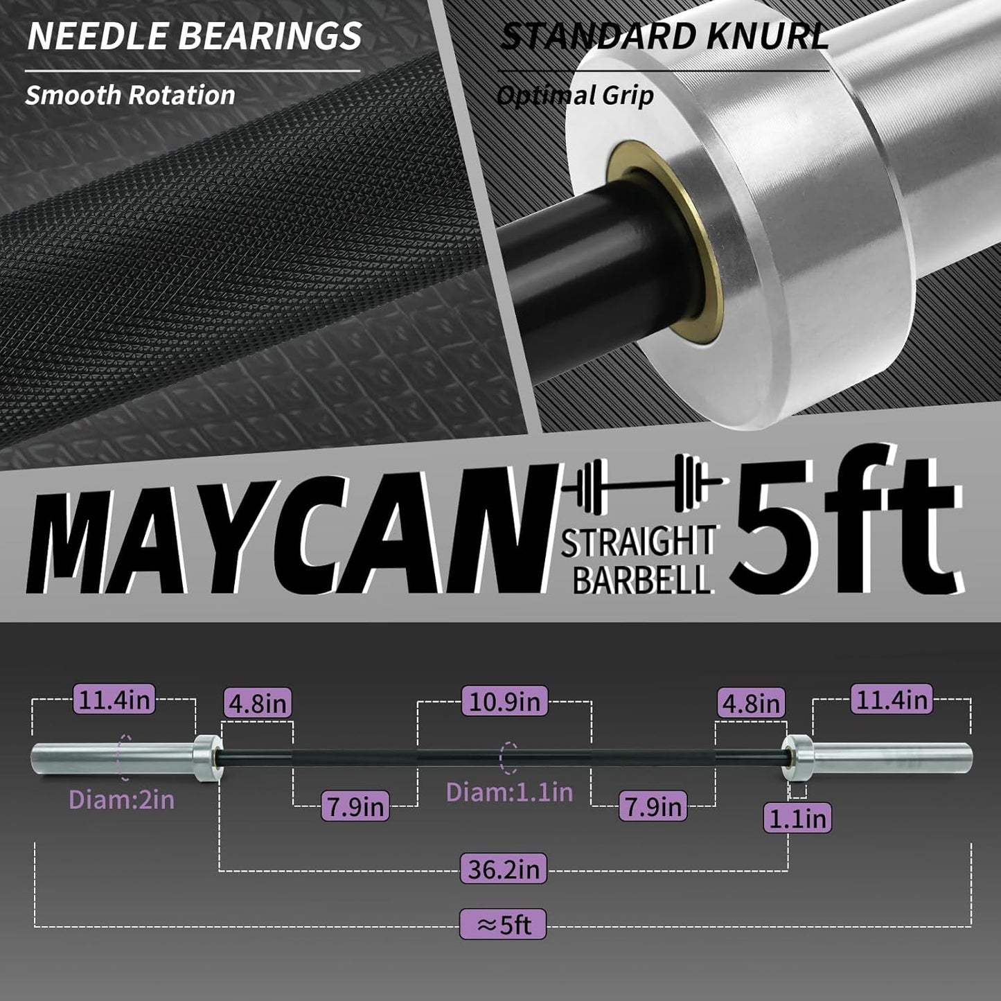 MAYCAN 5FT Olympic Barbell – Full view with chrome finish, knurled grip, and 2-inch sleeves