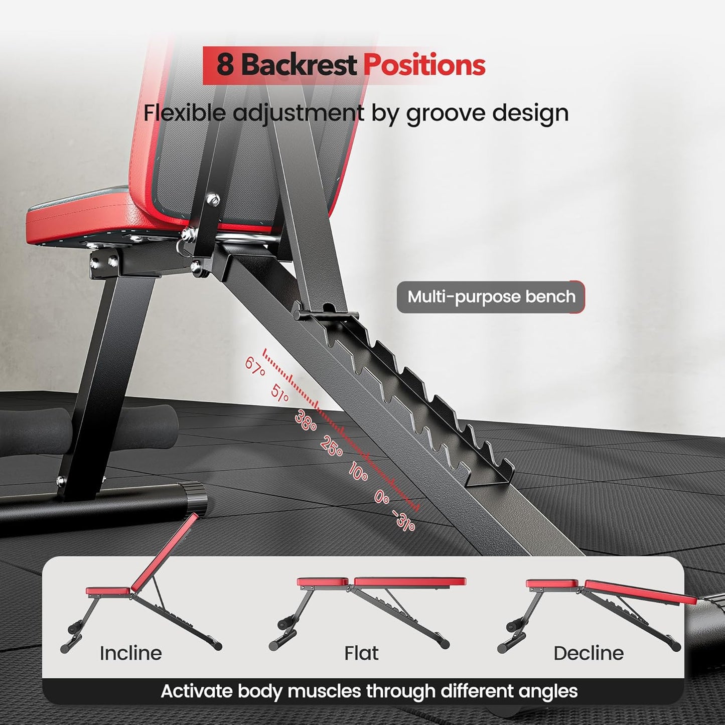 Close-up of adjustable positions for flat, incline, or decline workouts.