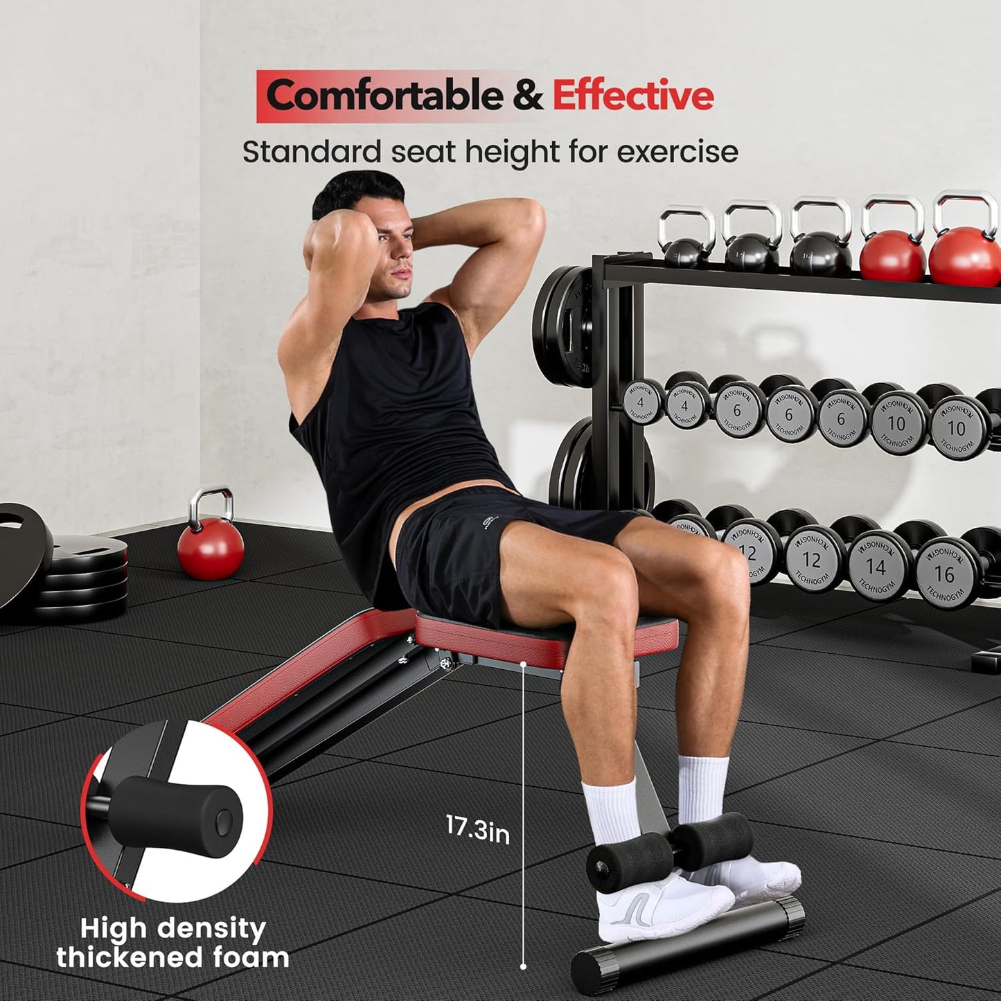 User comfortably performing ab workout on the bench