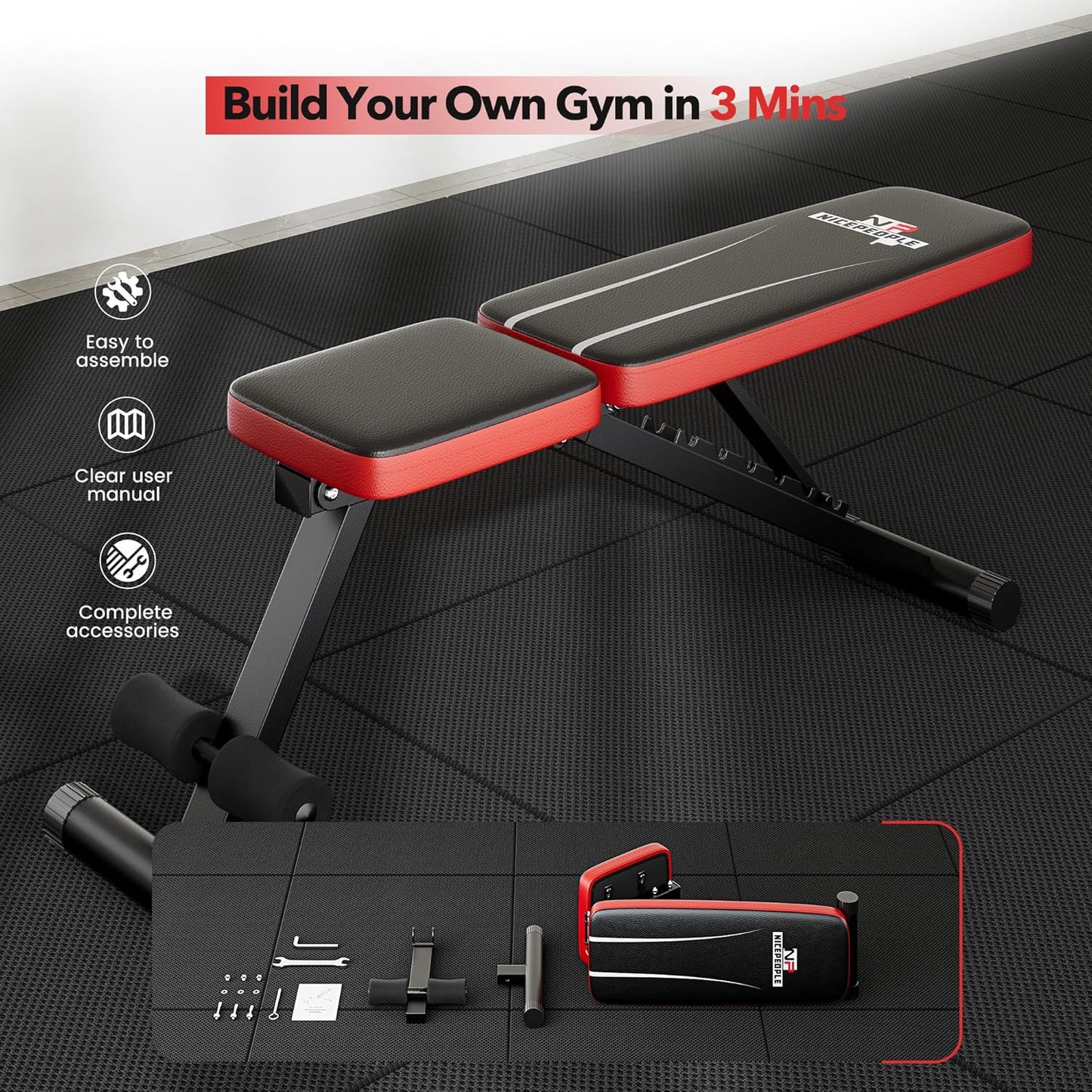 Bench in folded position for storage, easy to assemble