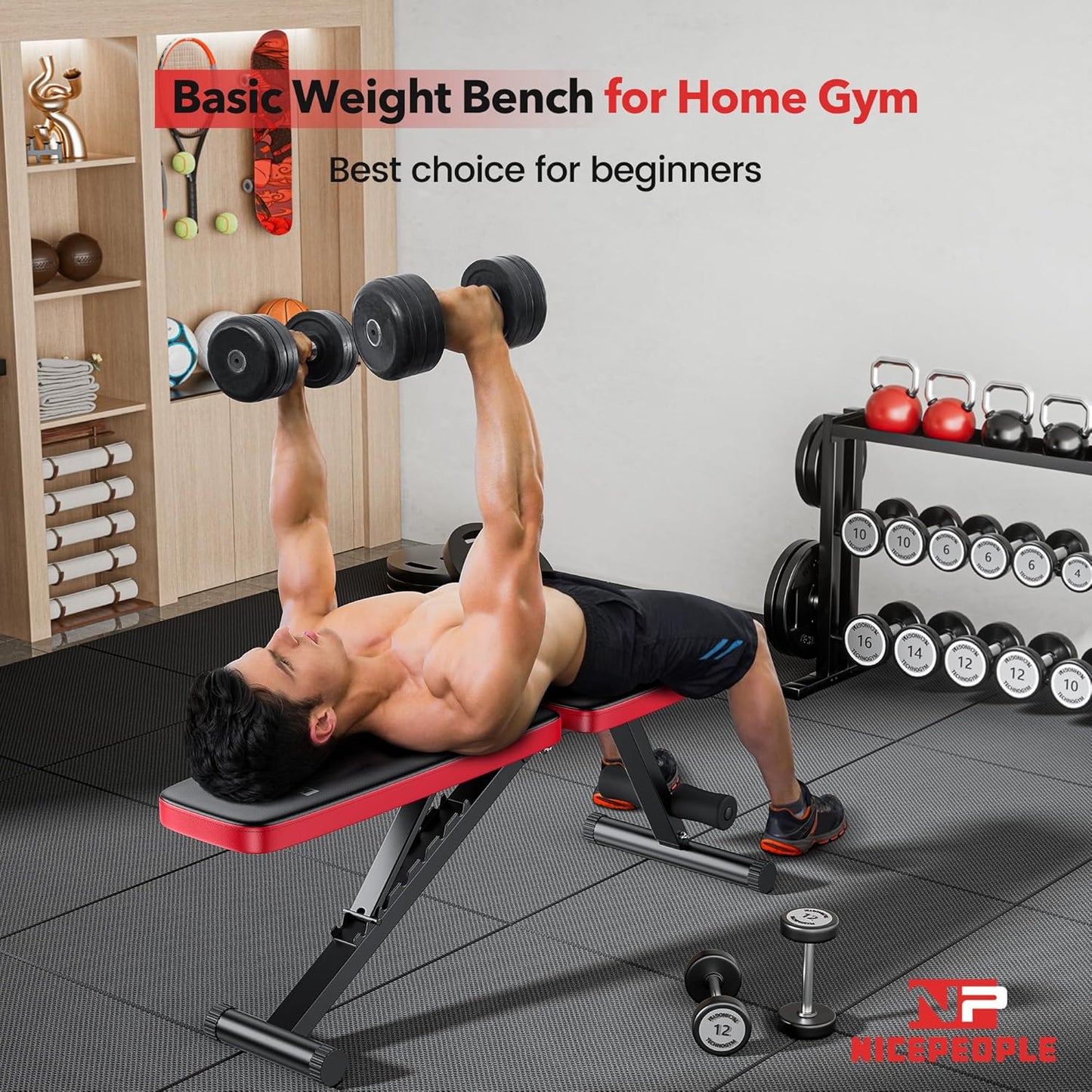User performing workout on the bench in a home gym