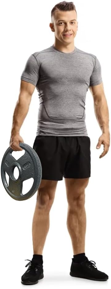 Cast iron Olympic barbell plates with tri-grip design for easy handling and lifting.