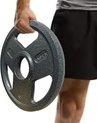 Cast iron Olympic barbell plates with tri-grip design for easy handling and lifting.