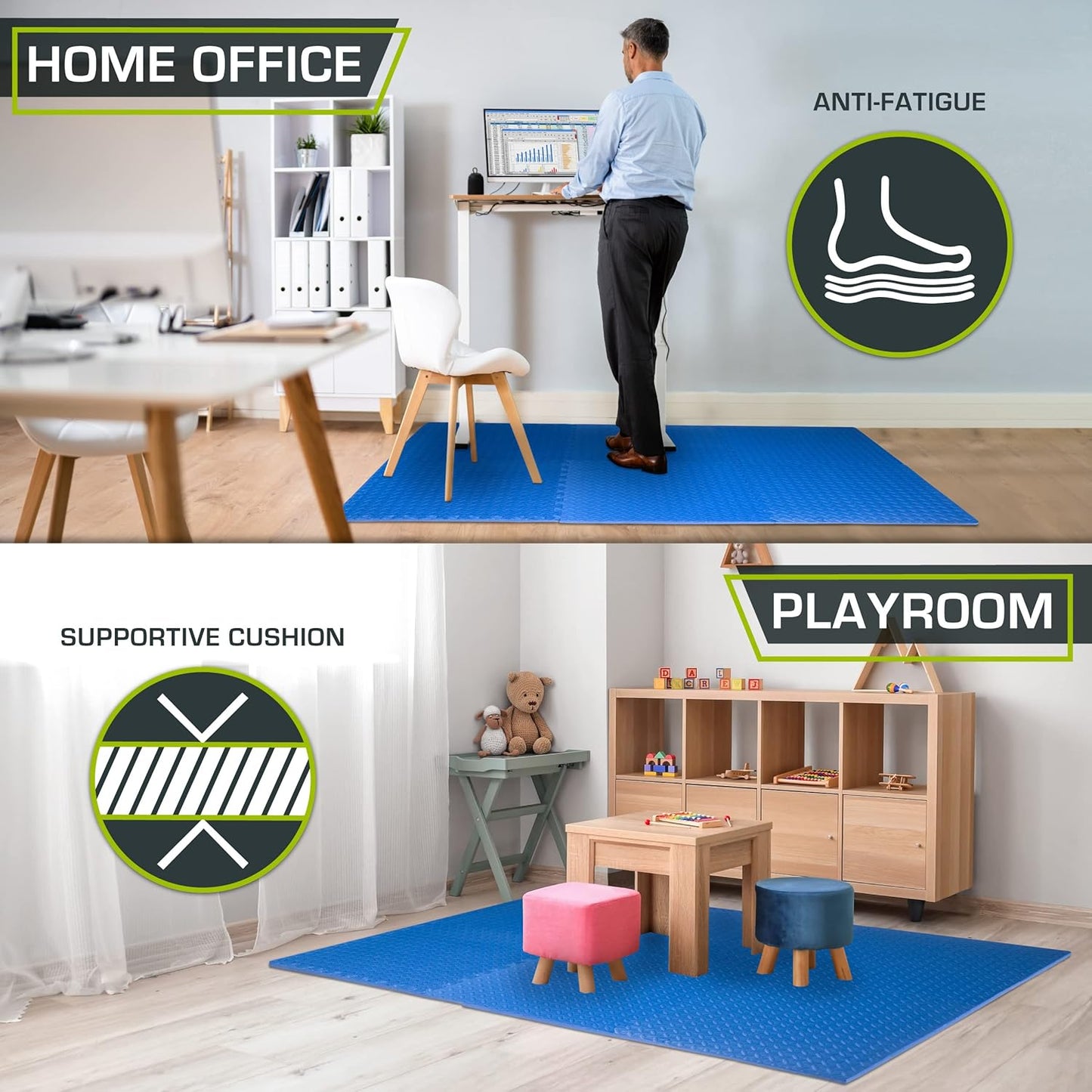 User standing on ProsourceFit EVA foam mat with visible cushion compression underfoot, illustrating anti-fatigue support and shock absorption for workouts or prolonged standing