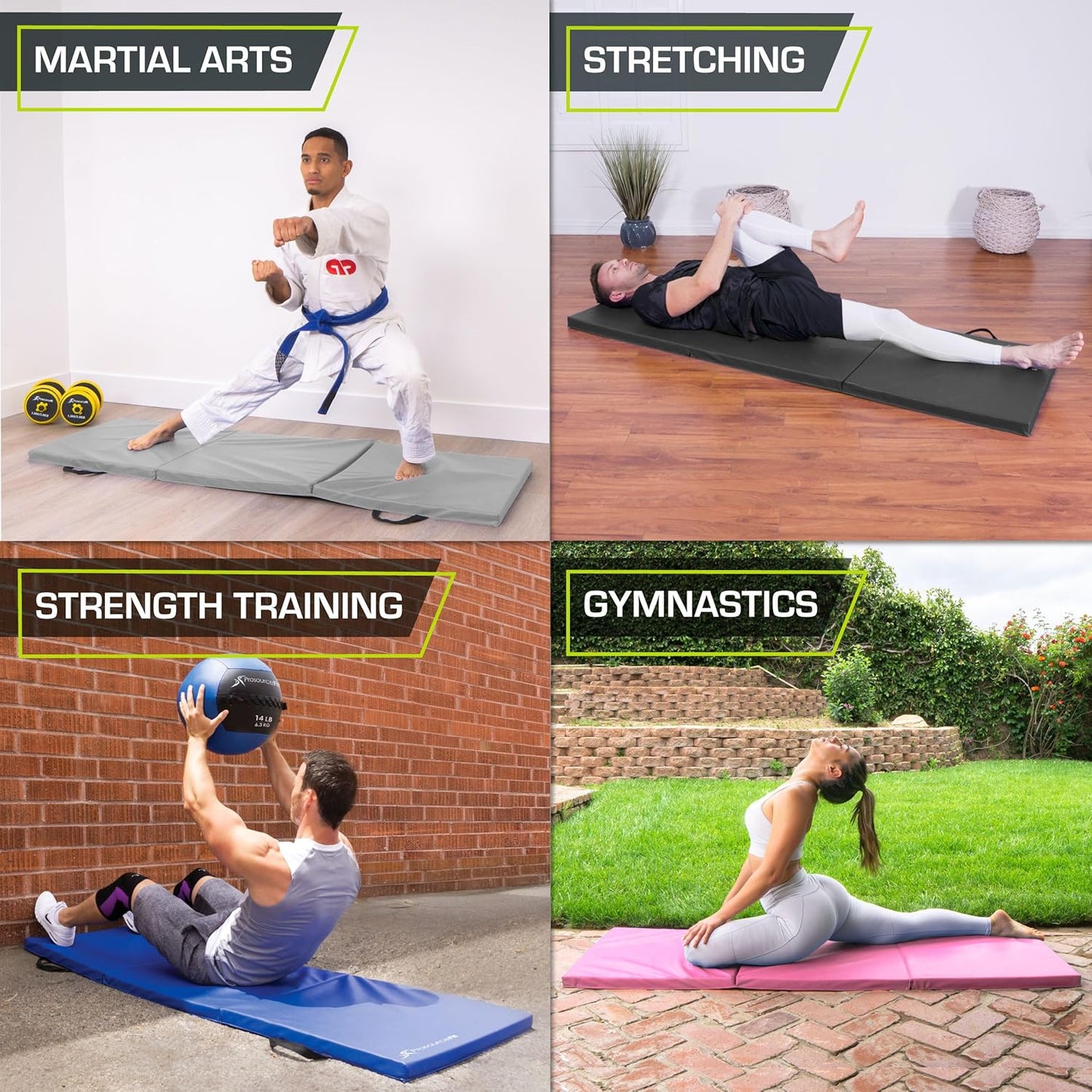 Person performing home workout on black ProsourceFit tri-fold exercise mat