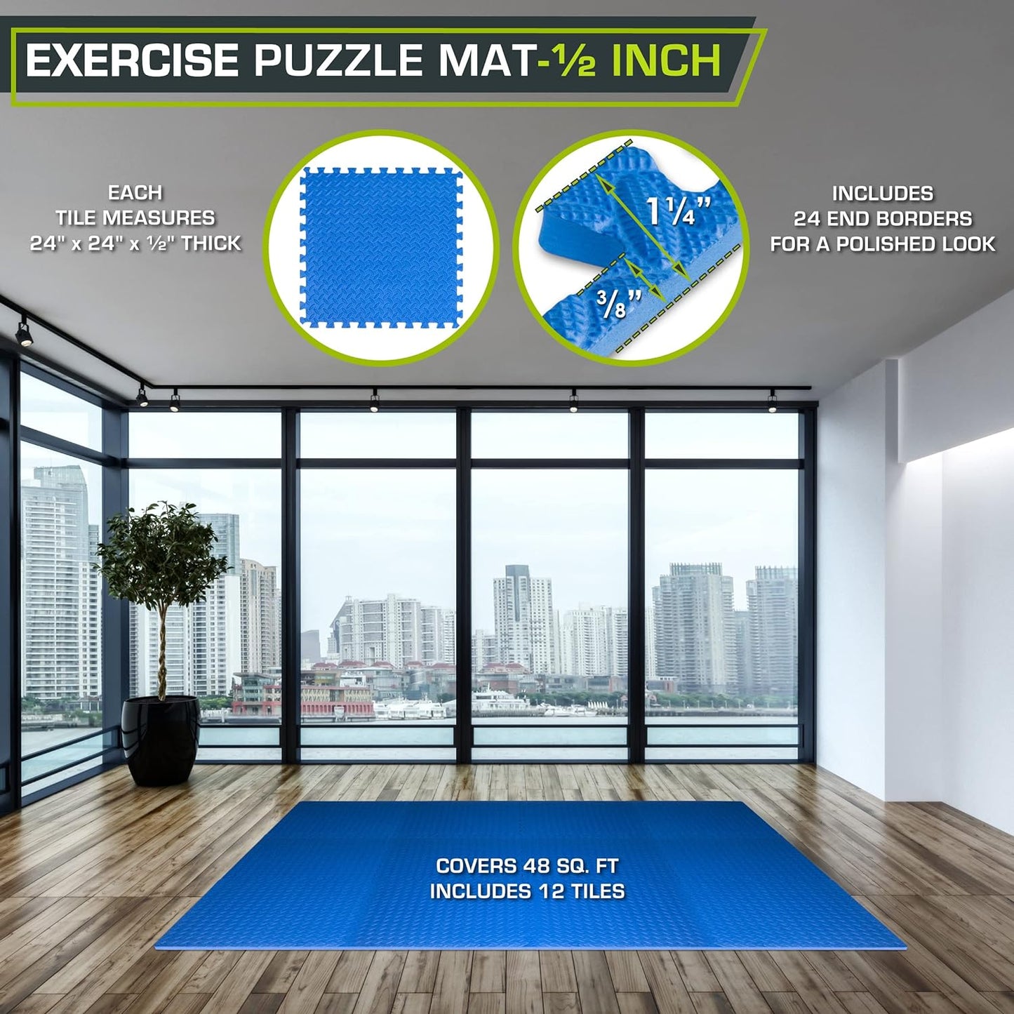 Side profile of ProsourceFit puzzle mat highlighting textured surface and ½-inch thickness for cushion and grip