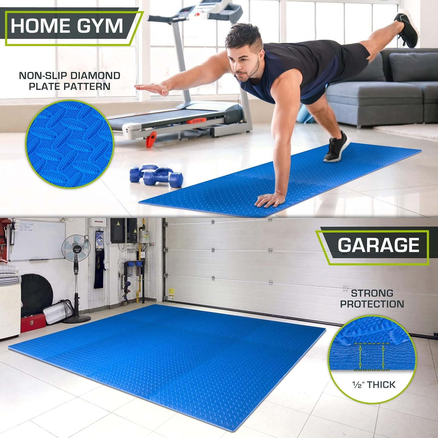 Home gym setup with ProsourceFit interlocking foam tiles used as protective workout flooring