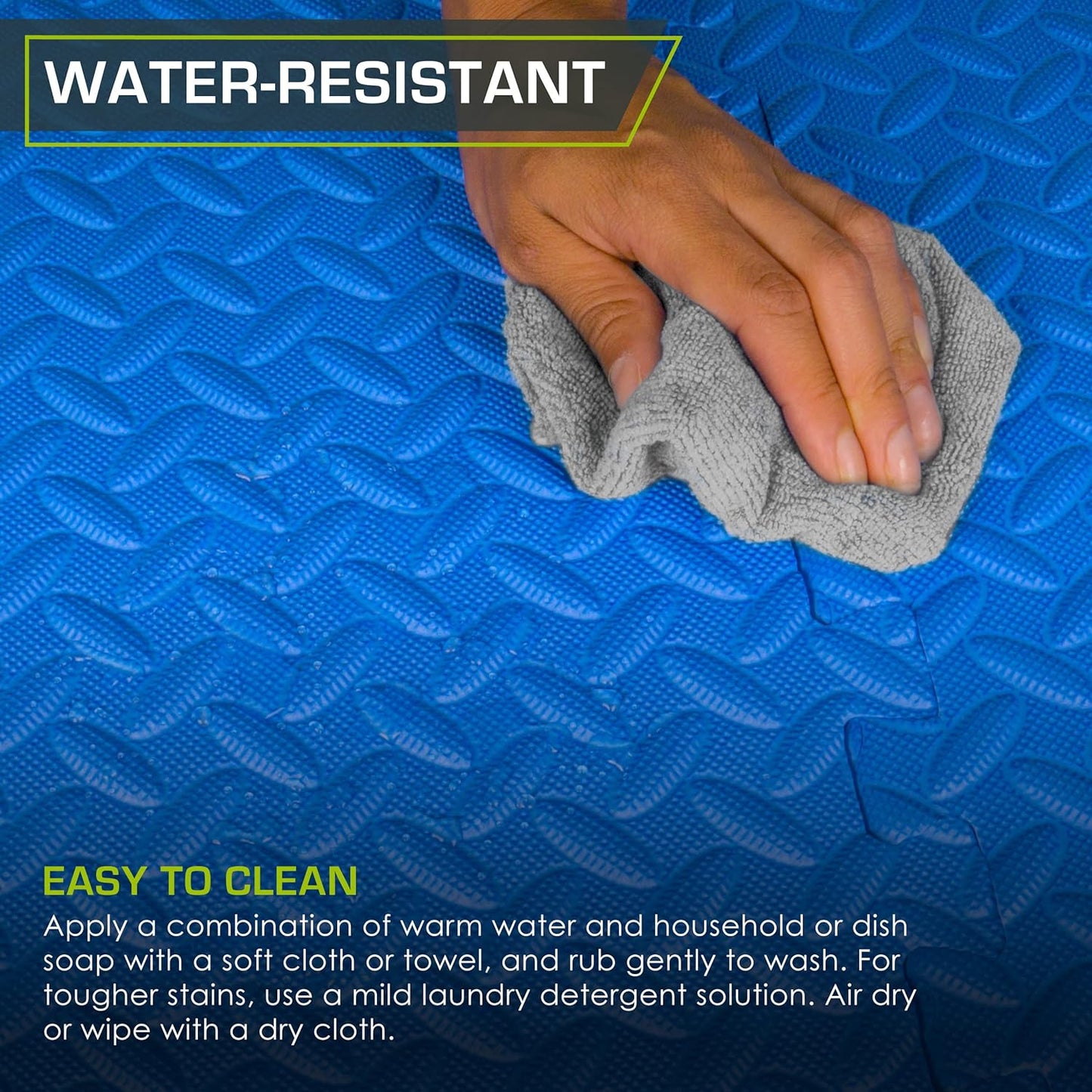 Close-up of water droplets on ProsourceFit EVA foam mat surface being wiped clean with a cloth, showing water resistance and easy maintenance