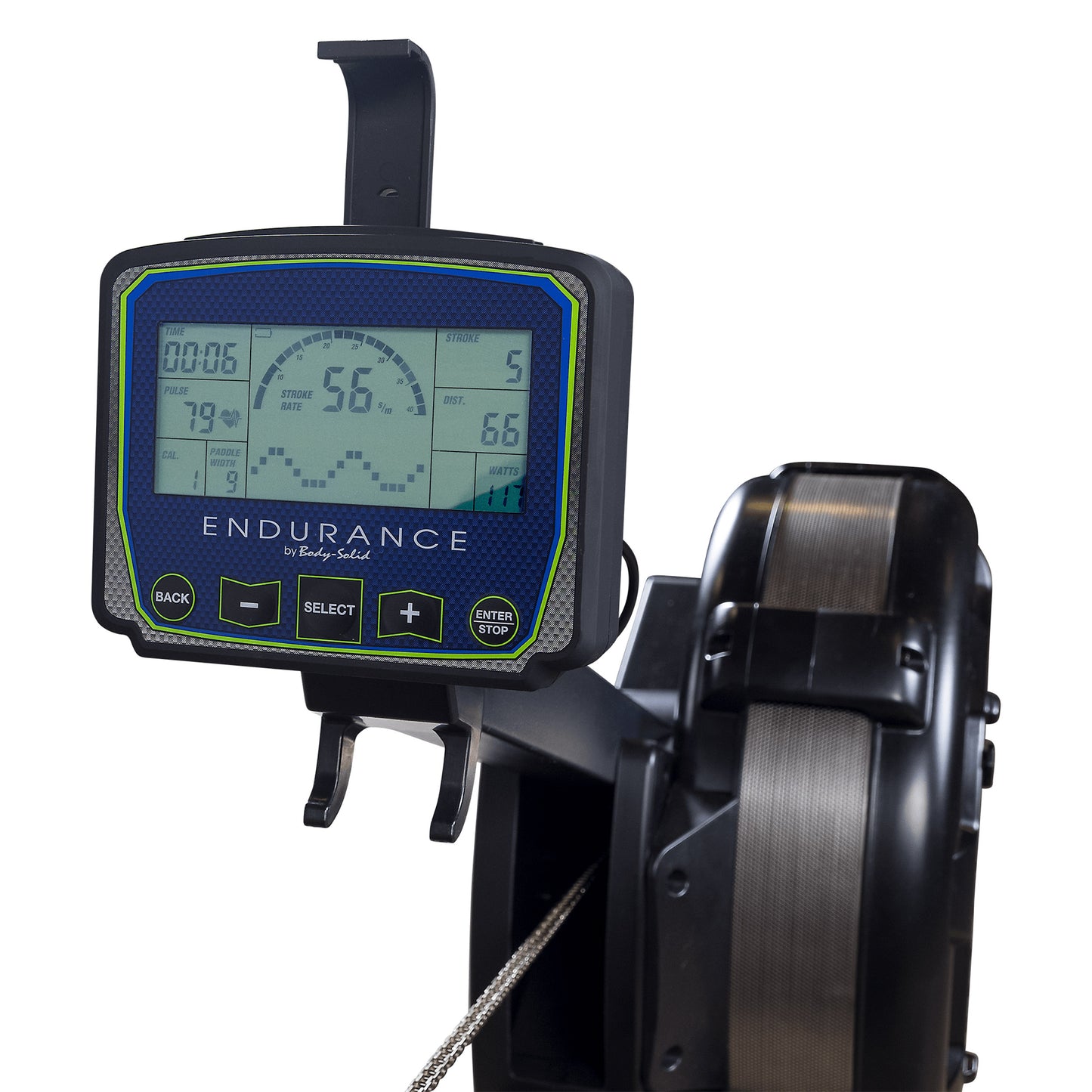 Close-up of performance monitor console on R300 indoor rower with workout tracking