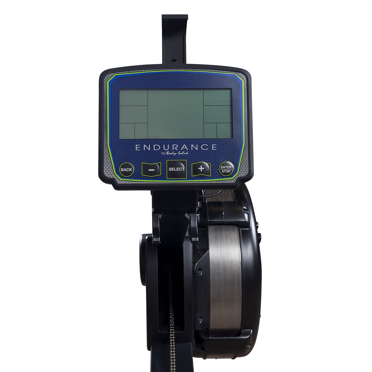 Close-up of performance monitor console on R300 indoor rower with workout tracking