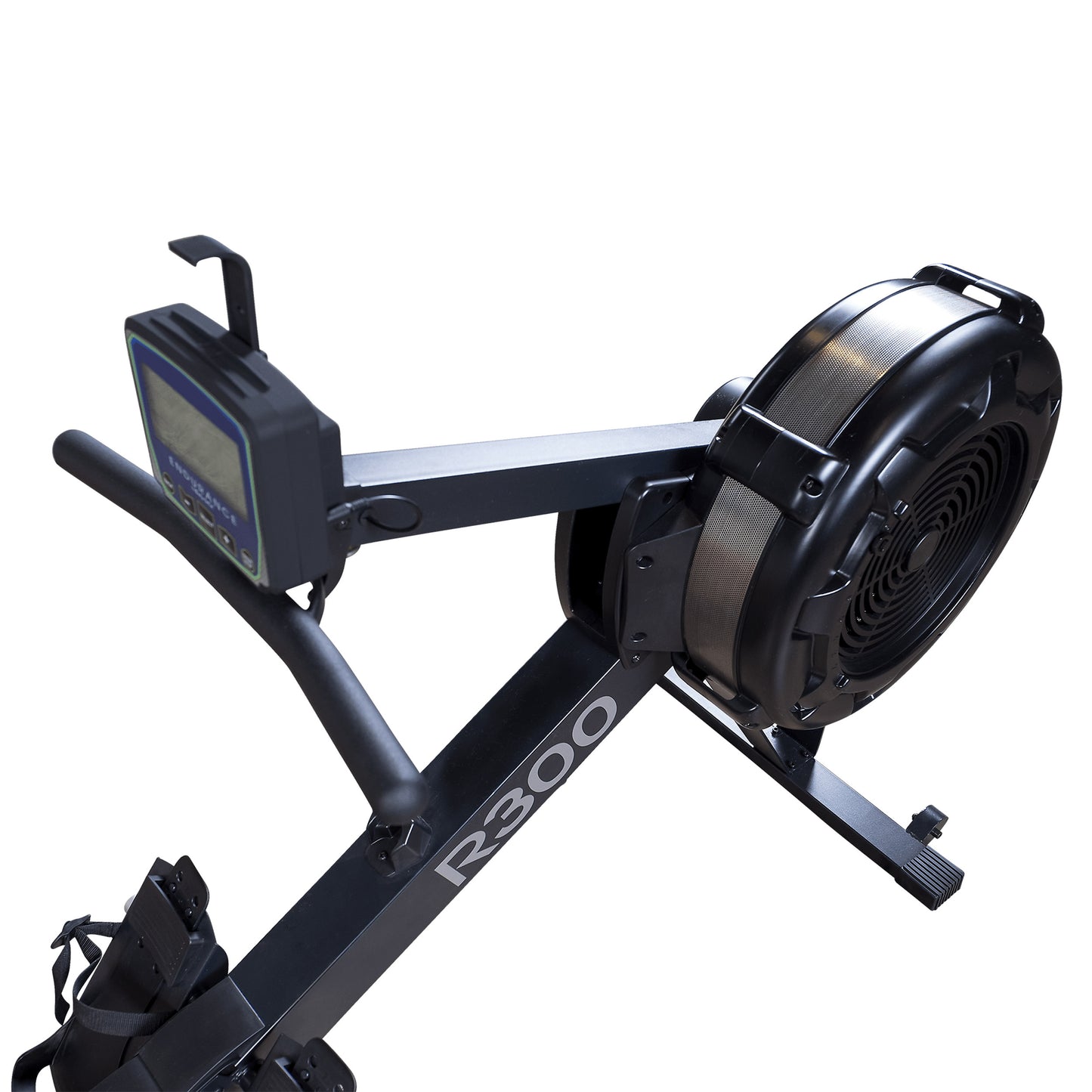 Detailed view of handlebar and magnetic flywheel on R300 rowing machine