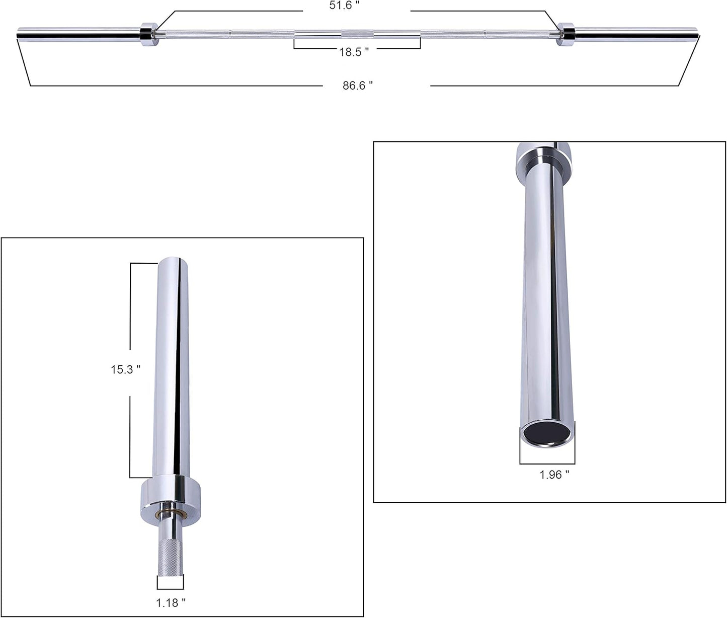 Dimension diagram of Signature Fitness 7 foot barbell including shaft length and sleeve length