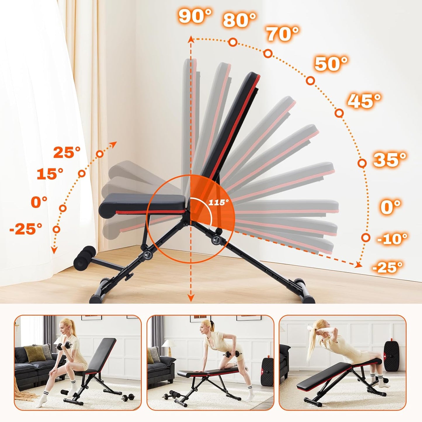 7 adjustable backrest positions shown on weight benc