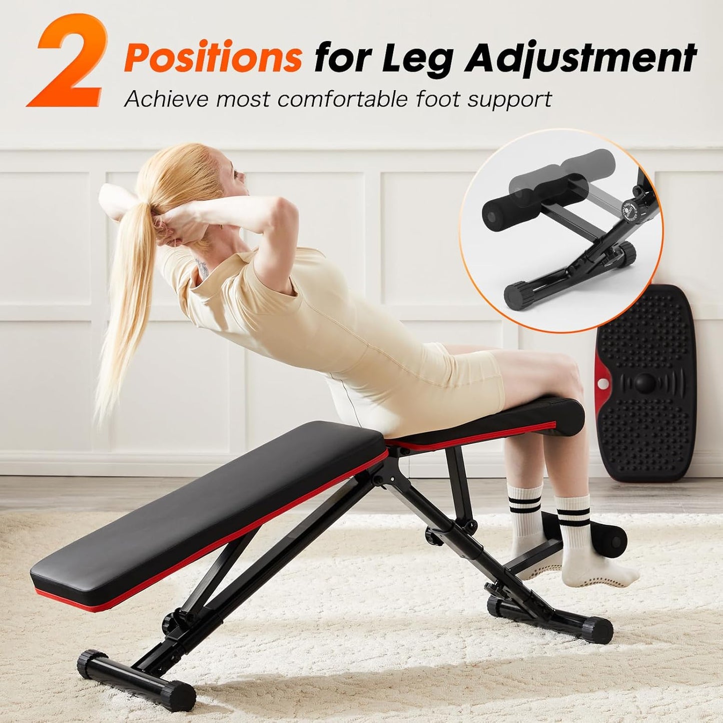 2 adjustable leg positions shown on weight bench
