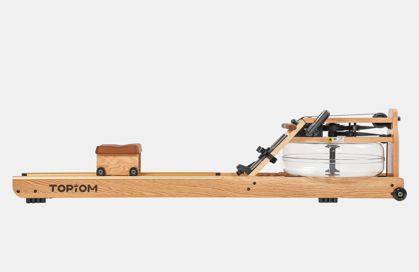 A side view of the Topiom natural oak wood water rowing machine