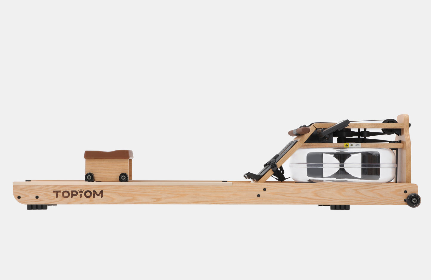 A side view of the Topiom natural wood water rowing machine