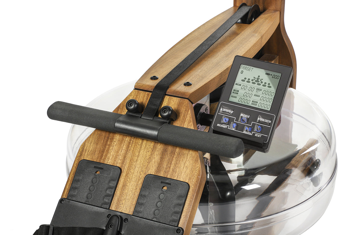 TM3 monitor display showing 500m split time and workout metrics for the Topiom Golden Walnut wooden water rowing machine.