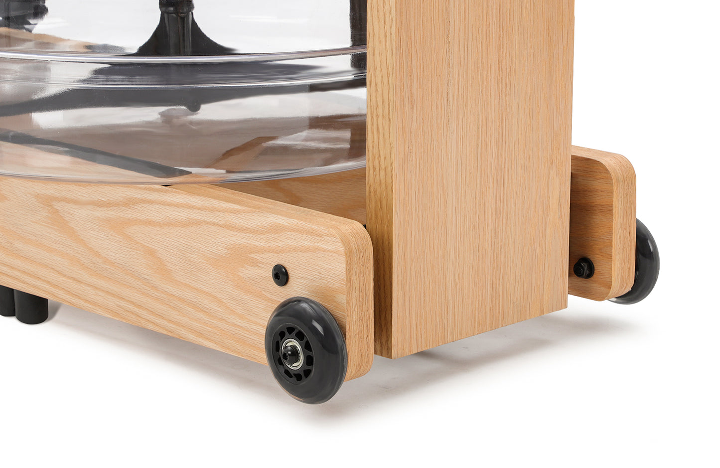 Closeup of easy transport wheels of the Topiom Natural wooden water rowing machine.