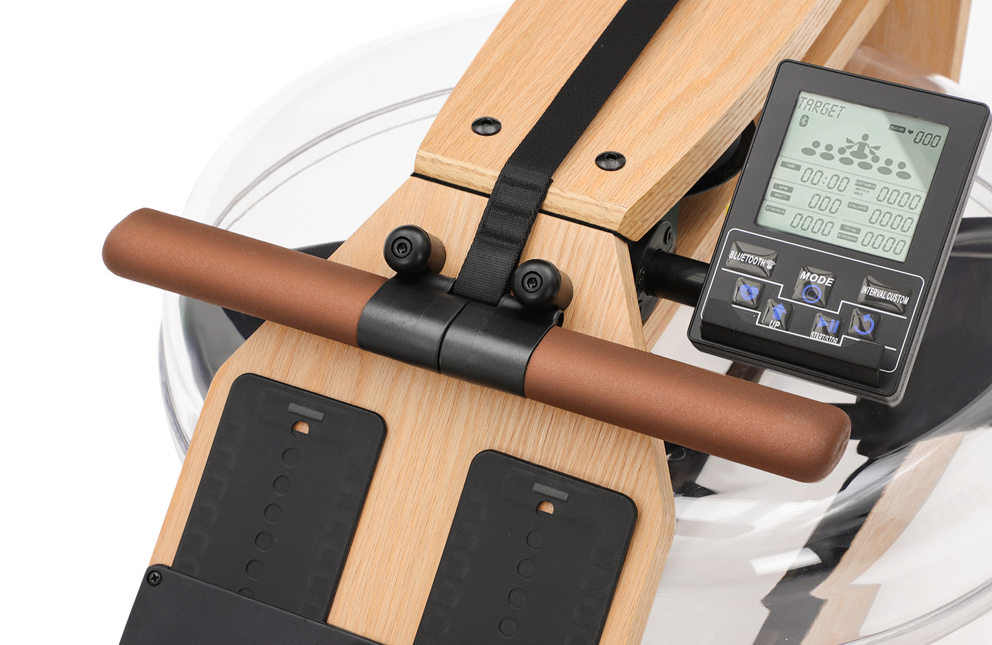 Closeup of the monitor for the Topiom Natural wooden water rowing machine.