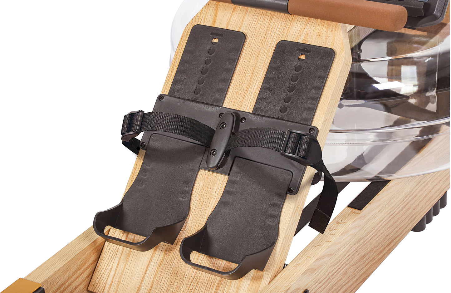 Closeup of footrests for the Topiom Natural Oak wooden water rowing machine.