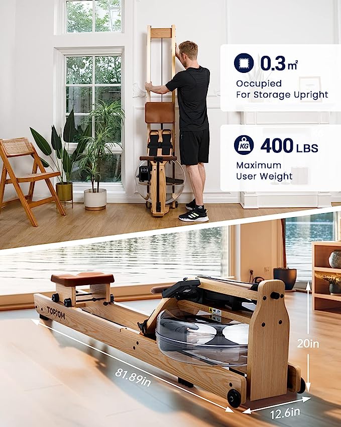 Topiom natural oak water rowing machine stored vertically to save space