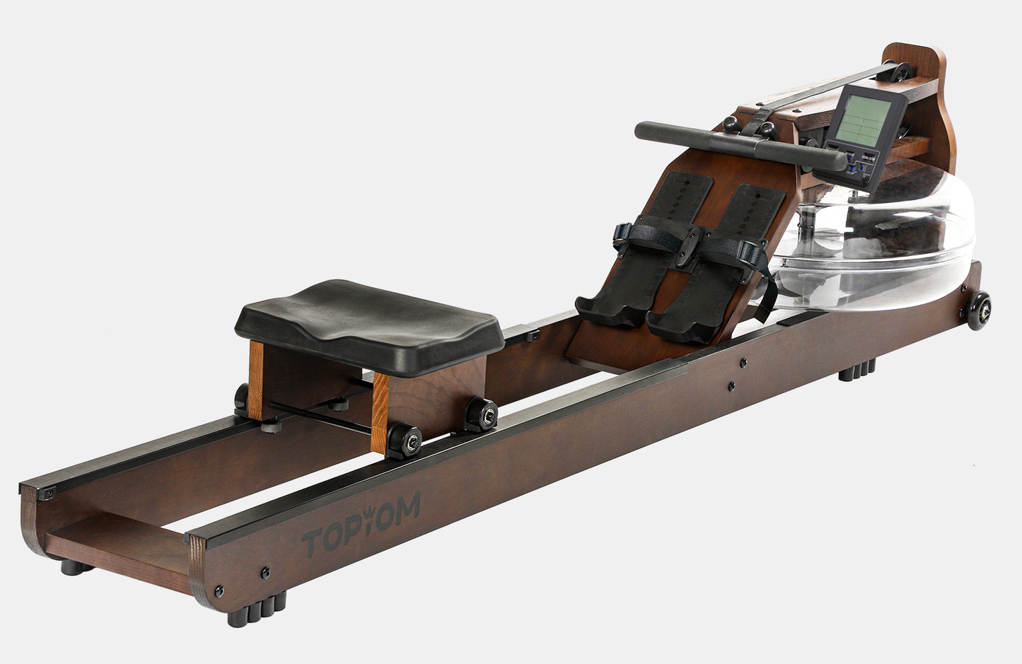 Topiom Brown Dark wooden water rowing machine – full assembled front view
