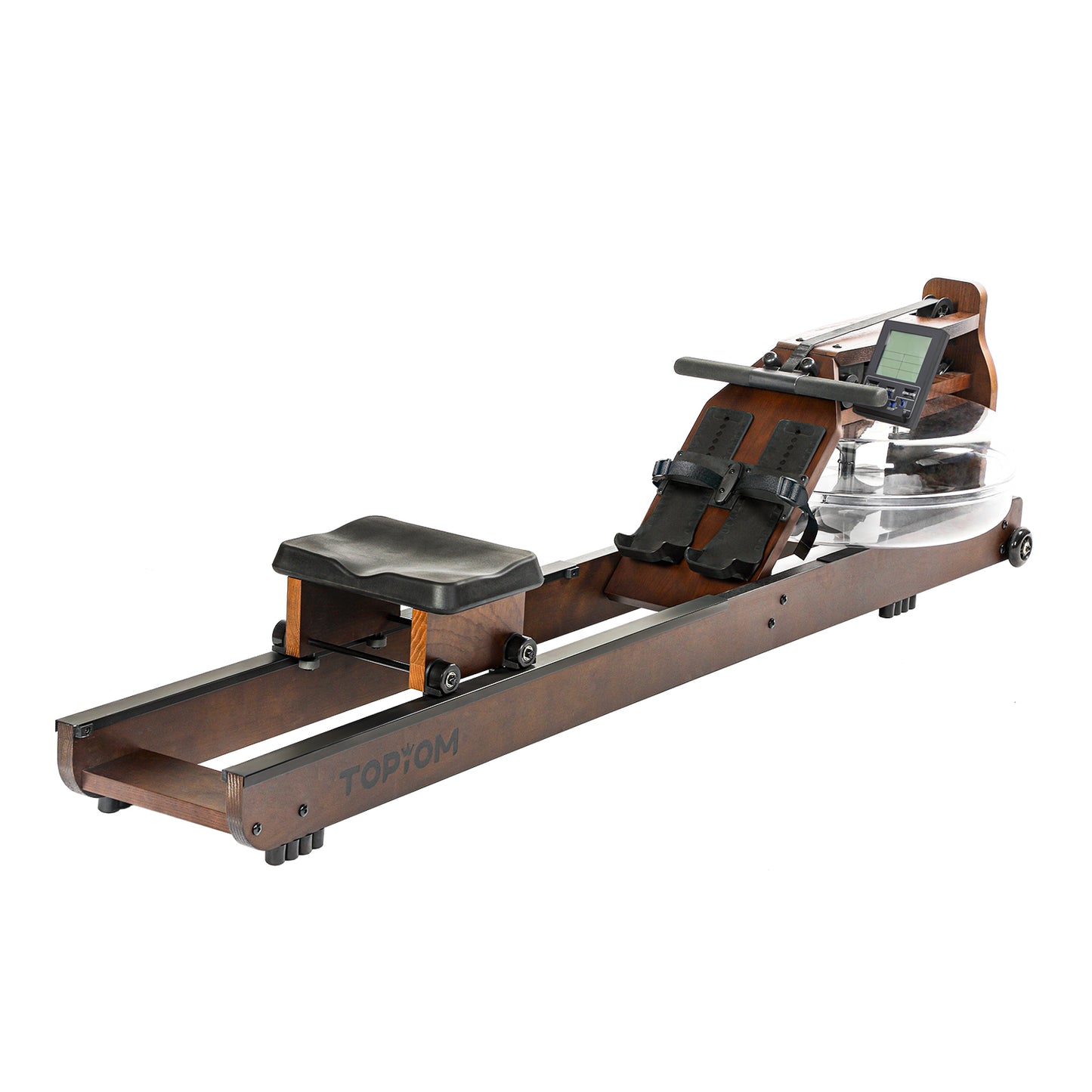 Topiom brown dark wooden water rowing machine – full assembled view