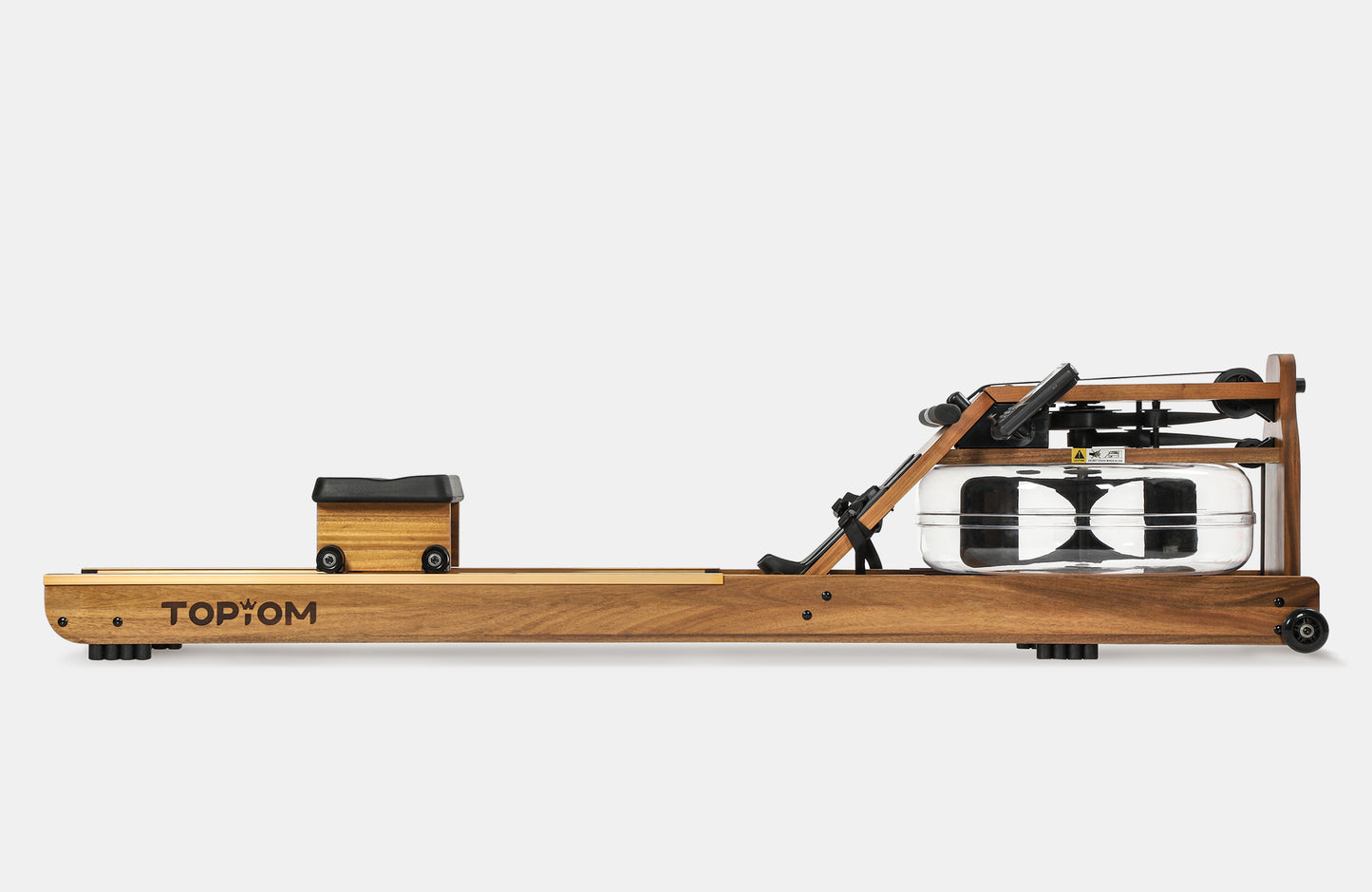 Topiom Golden Walnut wooden water rowing machine – full assembled side view