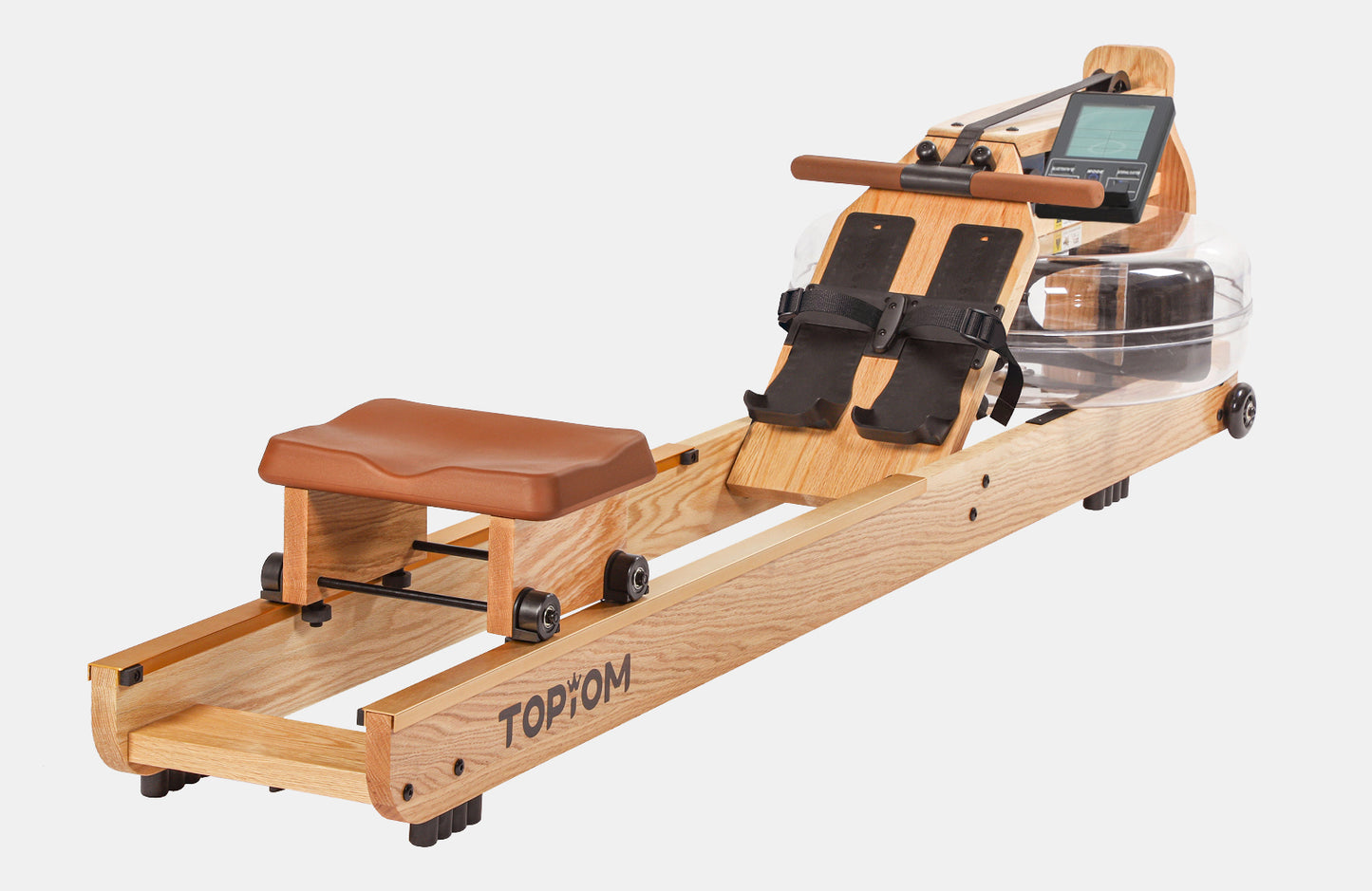 Topiom natural oak wood water rowing machine – full assembled front view