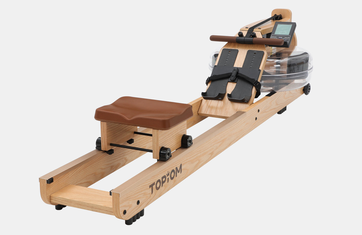 Topiom natural wood water rowing machine – full assembled front view