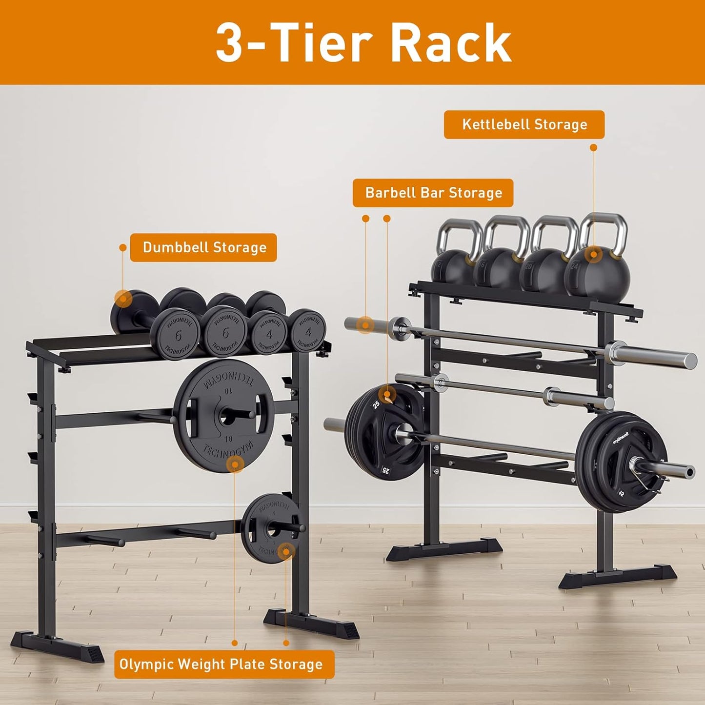 Front view of UBOWAY Compact Dumbbell & Barbell Rack showcasing storage tiers for bars, plates, dumbells, and kettlebells.