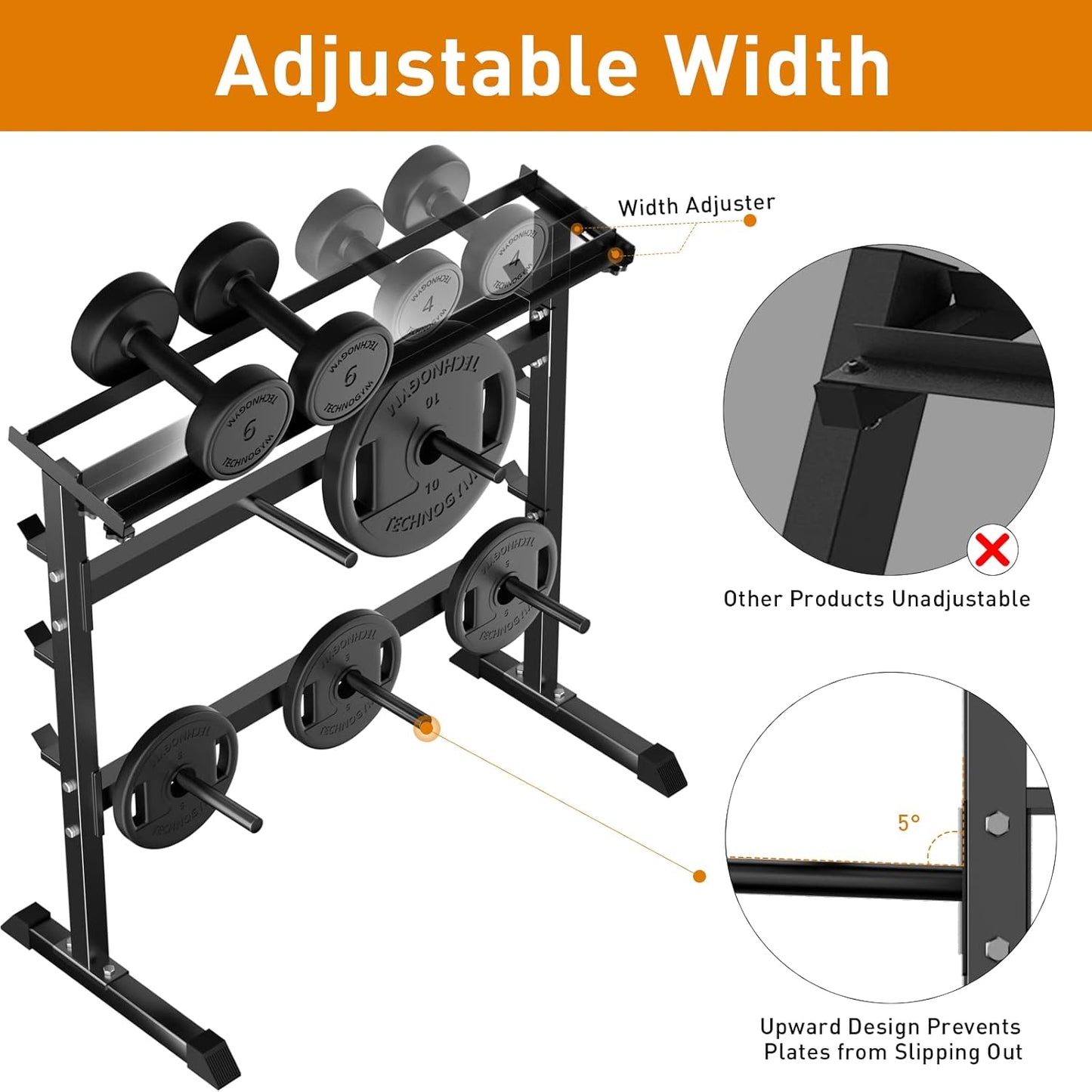 UBOWAY Compact Dumbbell & Barbell Rack with adjustable width.
