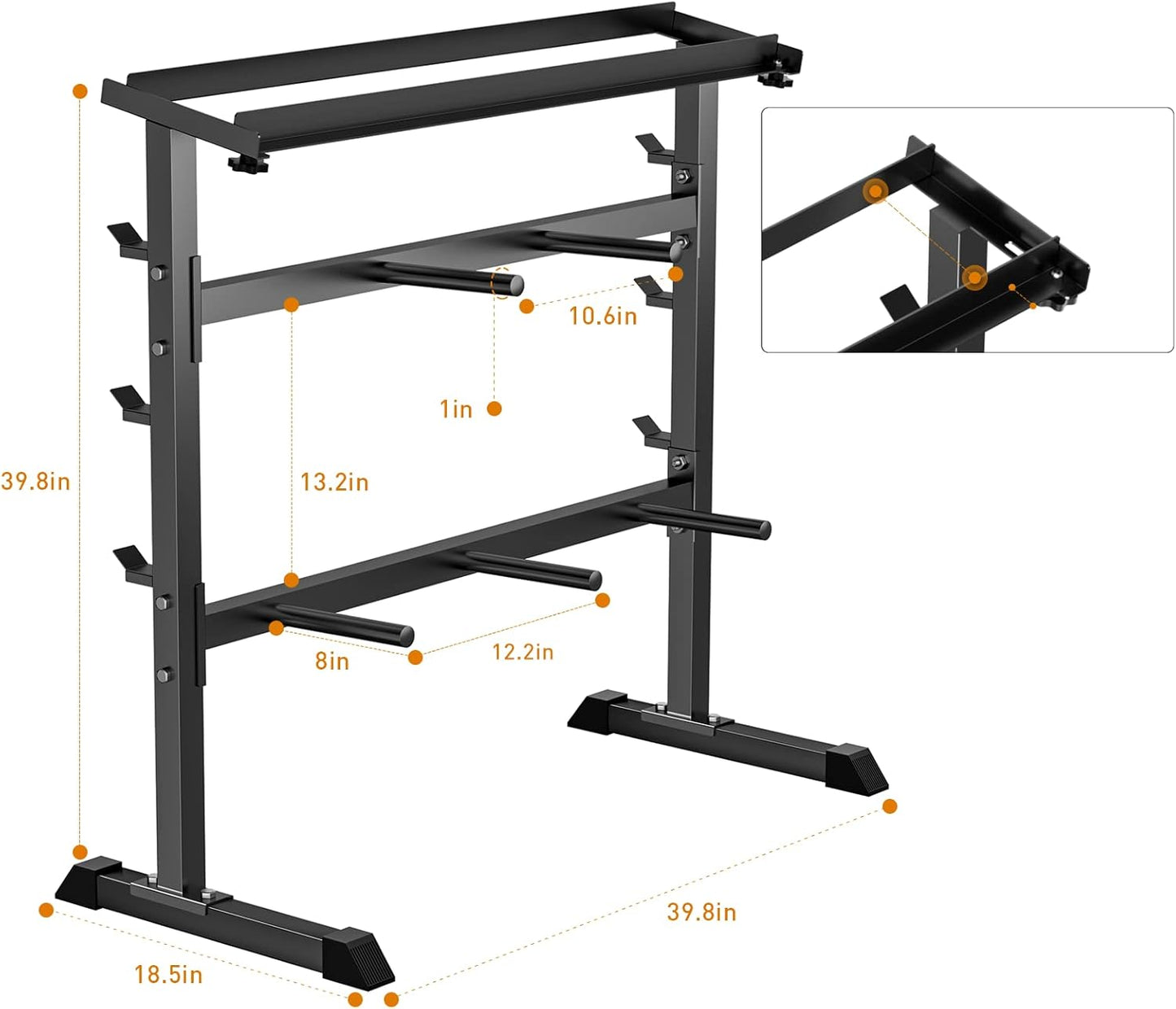 Dimensions diagram of UBOWAY Compact Dumbbell & Barbell Rack.
